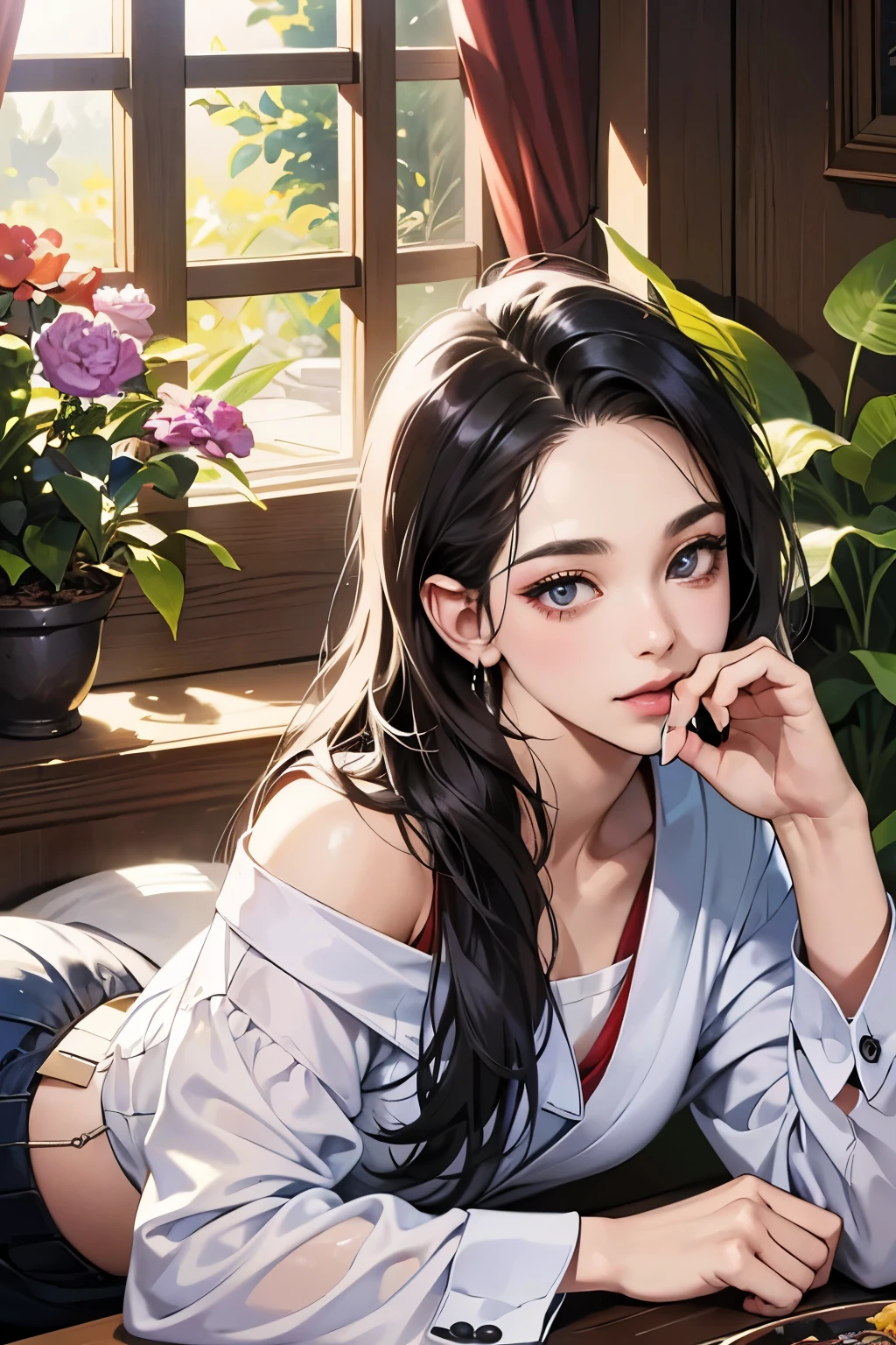 (table top, digital art, digital illustration, 4k, 8k, Super detailed, beautiful images, clear image, realistic, RAW photo, perfect face, perfect lines, perfect eyes, soft lighting) ,1 female, (long black hair,straight hair,bullish look,Beautiful woman,grace,Make up well,23 years old,:1.3),Two handsome men in suits, (human,muscular,solid shoulder width, human,boyish hairstyle,English gentleman'Style,A man in his 30s with a cool expression,28 year old man with a bright 笑顔:1.2),Show your white teeth and 笑顔(embarrassing,shy smile:1.1),garden full of light、Squirting、resort sofa、colorful flowers、couple、coupleキス、romance porn、lie down、ハグし合うcouple