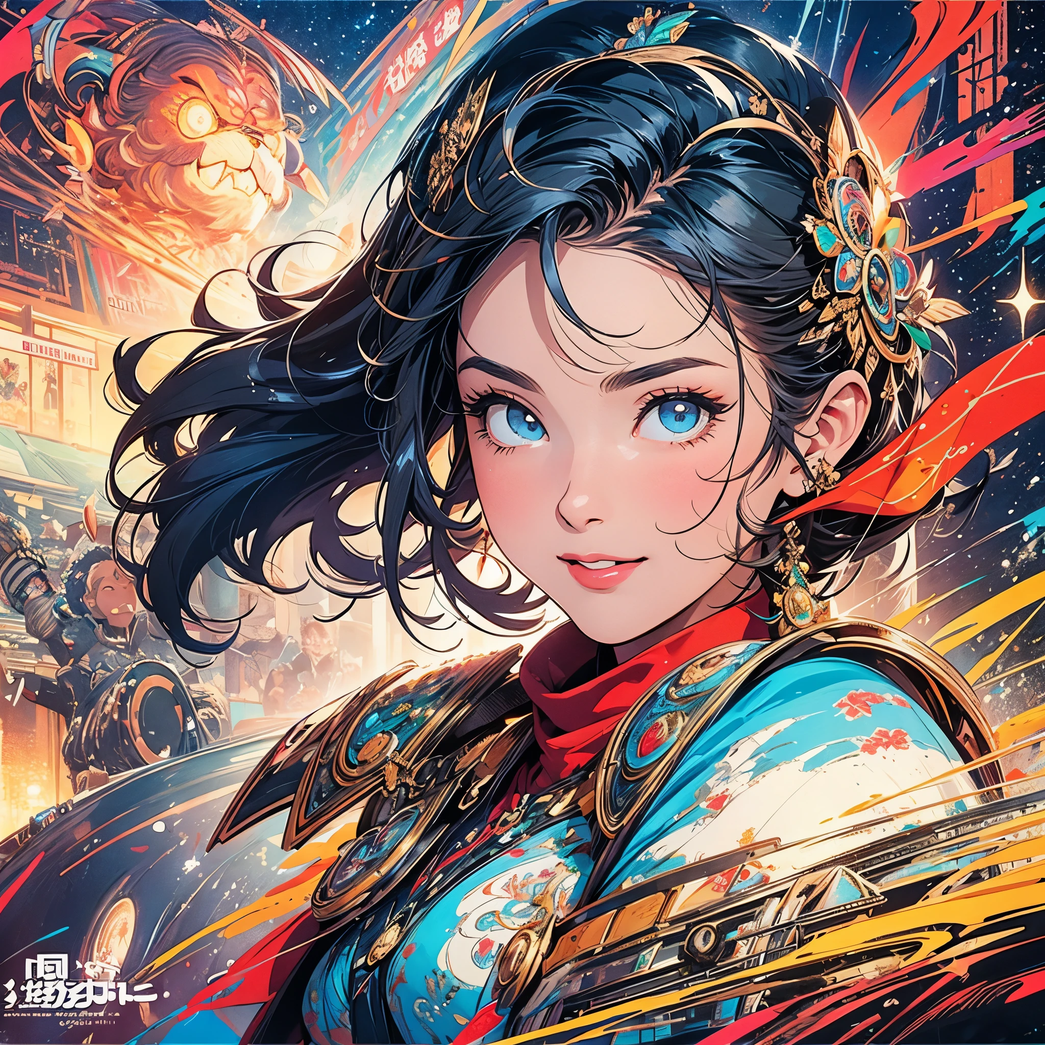 (masterpiece, highest quality), 32K,(highly detailed beautiful woman), poster,SF,1960s,1970s,bauhaus, shape, abstract,movie poster, vintage,retro,futuristic anime,ultimate map,highlight,highly detailed glowing eyes,cleavage,complicated pattern,Stylish hairstyle,ruby red clothes,Starry Sky,perfect provocative smile,