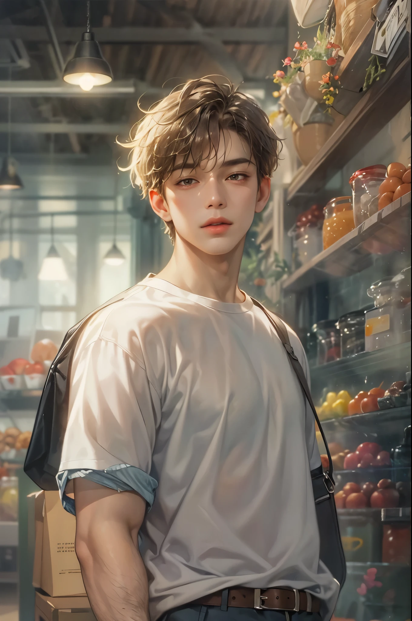 ((Best quality)), ((masterpiece)), (detailed), ((perfect face)), ((halfbody)) handsome face, male, teen boy,  perfect proportions , an artwork created by nardack, casual outfit, detailed market interior scenery background 