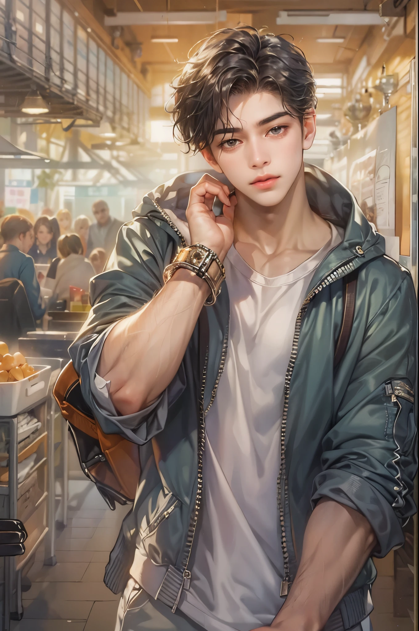 ((Best quality)), ((masterpiece)), (detailed), ((perfect face)), ((halfbody)) handsome face, male,  boy,  perfect proportions , an artwork created by nardack, casual outfit, detailed market interior scenery background 