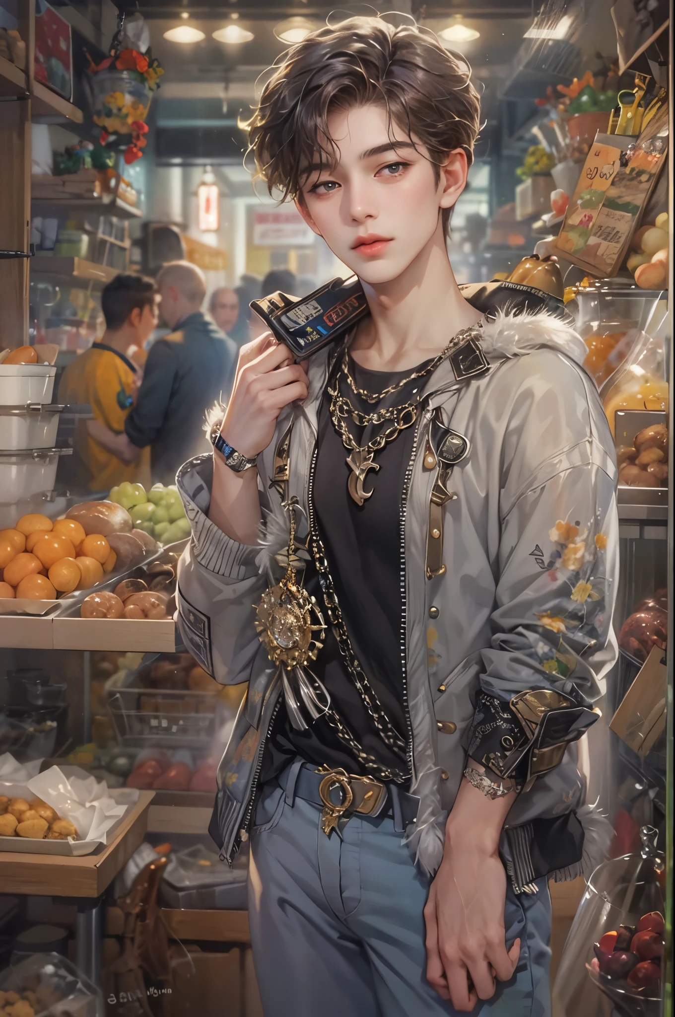 ((Best quality)), ((masterpiece)), (detailed), ((perfect face)), ((halfbody)) handsome face, male, boy, perfect proportions , an artwork created by nardack, casual outfit, detailed market interior scenery background