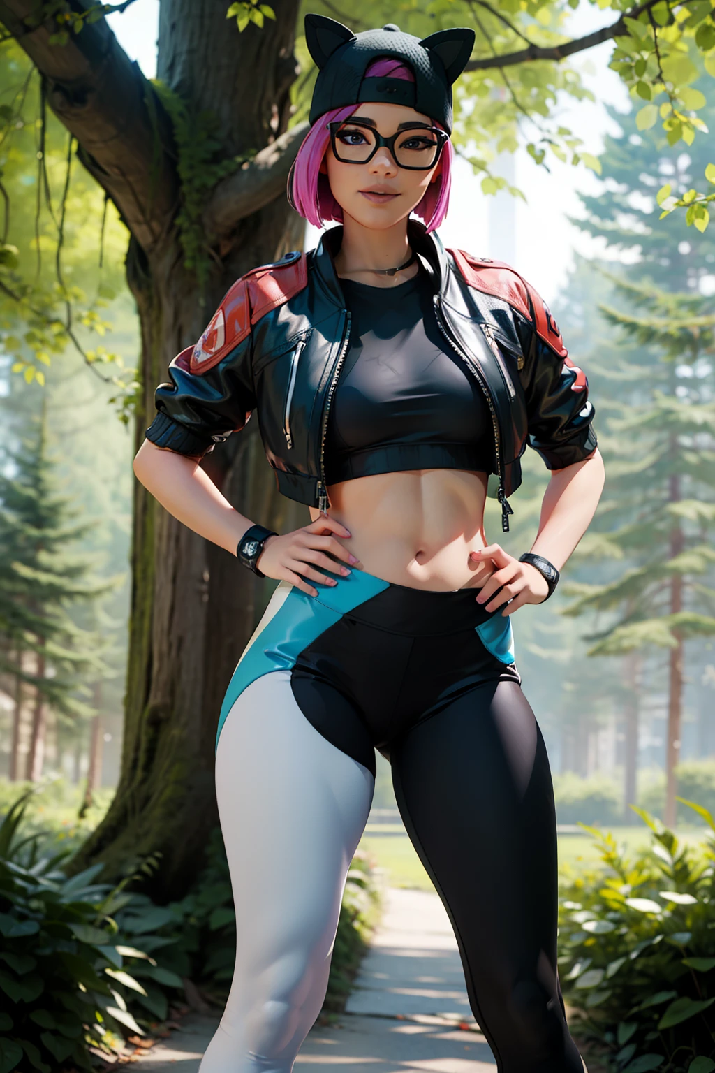 1 girl, (masterpiece), (best quality), standing, (solo), looking at viewer, high detailed,extremely detailed, fine eyes, smile,dynamic pose, short pink hair,cap,crop top, jacket,fingerless glove,curvy,forest,glasses,(gray leggings),(portrait:1.2),