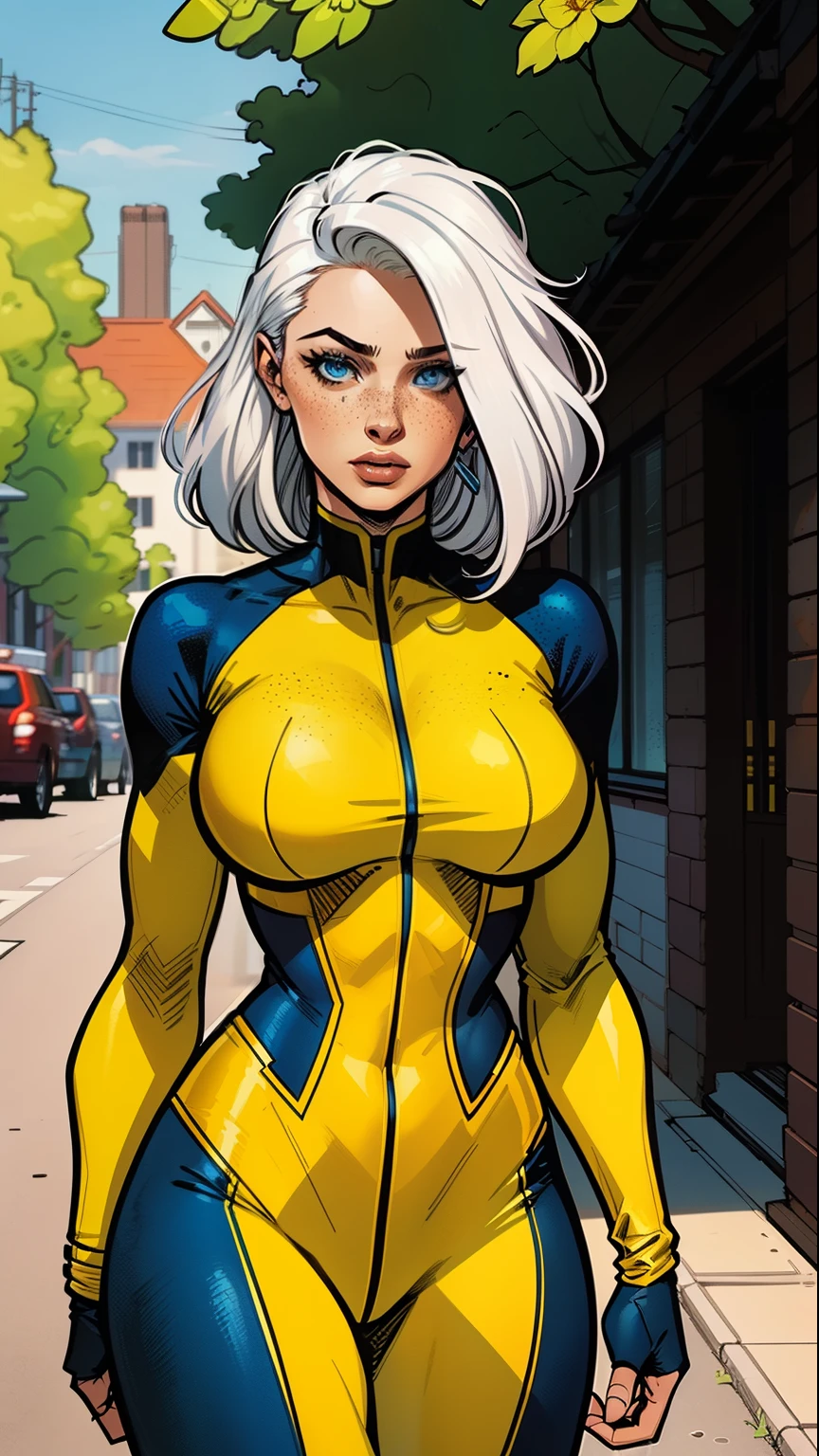 A woman, white hair, hair with bangs, 90's x-men uniform, outside, Marvel art style, comic, blue eyes, some freckles, dark yellow spandex
