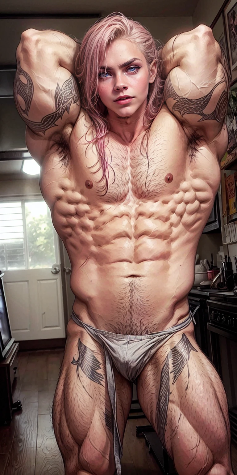 (1 girl), (cara delevingne), young girl, masculine physique, seductive face, seductive look, long pink hair, perfect muscular body, super skinny legs, naked, sissy, femboy, (huge muscular arms:1.25),