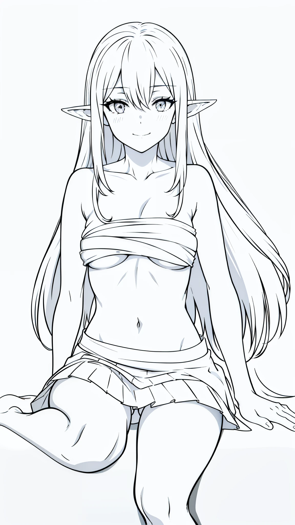 ((1 girl,20 years old, female)),long hair,solo,white hair,long hair,(((white skin,pale skin,colored skin))),(((hair over one eye))),((naked ge,white pleated mini skirt)),elf ear,s,(sensual expression,blush,smile,sexy)),barely,(white background,line drawing),sensual pose,barefoot.sitting,upper body