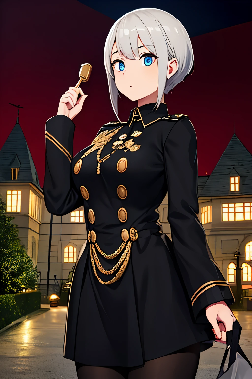 A girl wearing a Prussian military uniform, black with gold trim, silver hair, faint blue eyes, outside a German castle at night.
