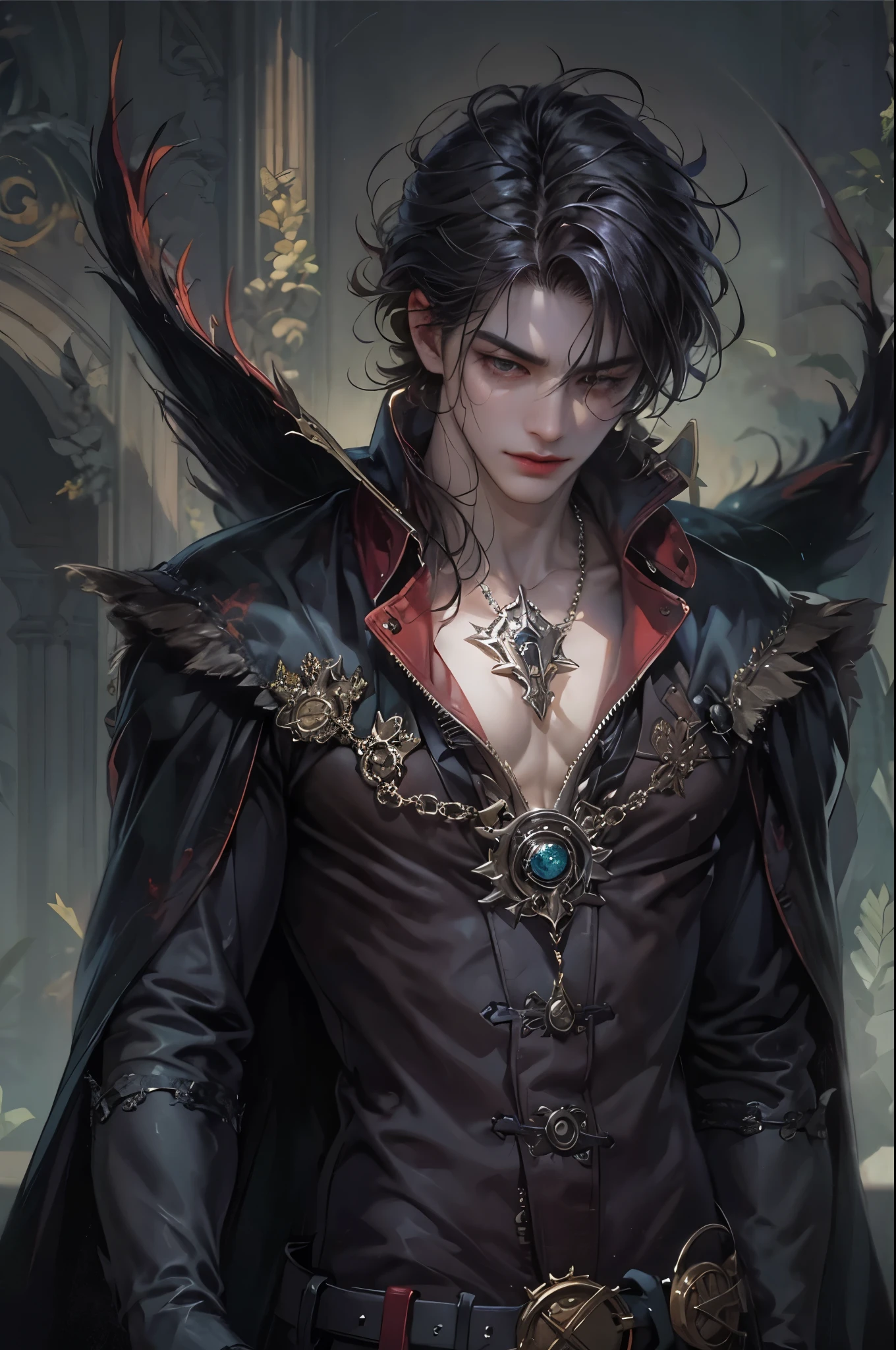 ((Best quality)), ((masterpiece)), (detailed), ((perfect face)), ((halfbody)) handsome face, male, teen boy, perfect proportions , a male character hero from vampire saviour comics in a gnostic outfit showing chest, succubus, incubus, vampire, dark cape, dark castle, detailed scenery background