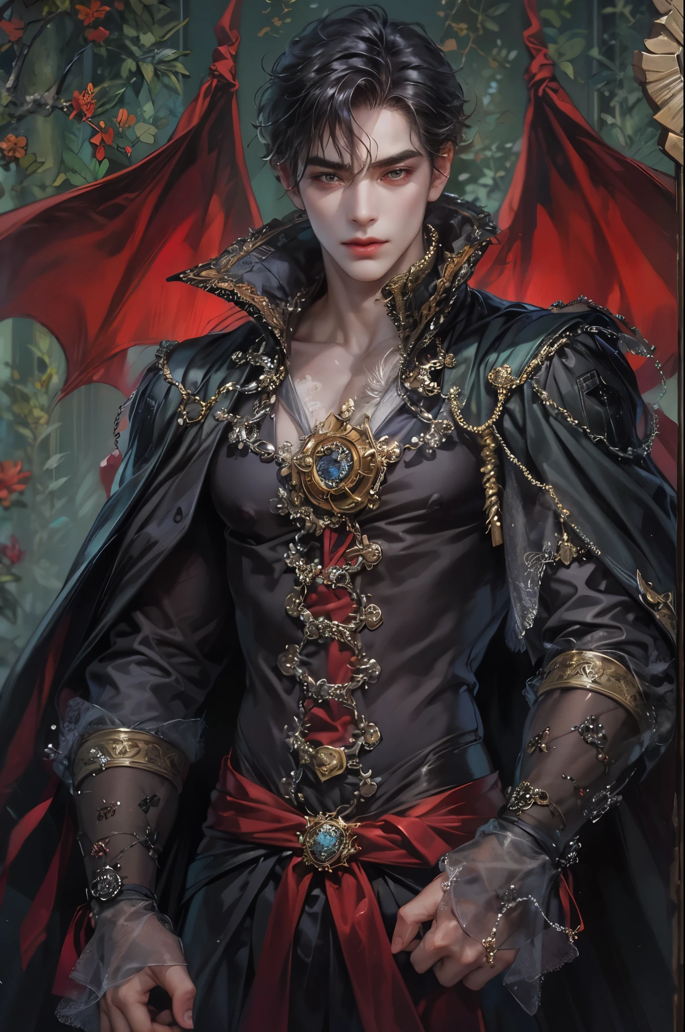 ((Best quality)), ((masterpiece)), (detailed), ((perfect face)), ((halfbody)) handsome face, male, , perfect proportions , a male character hero from vampire saviour comics in a gnostic outfit showing chest, succubus, incubus, vampire, dark cape, dark castle, detailed scenery background