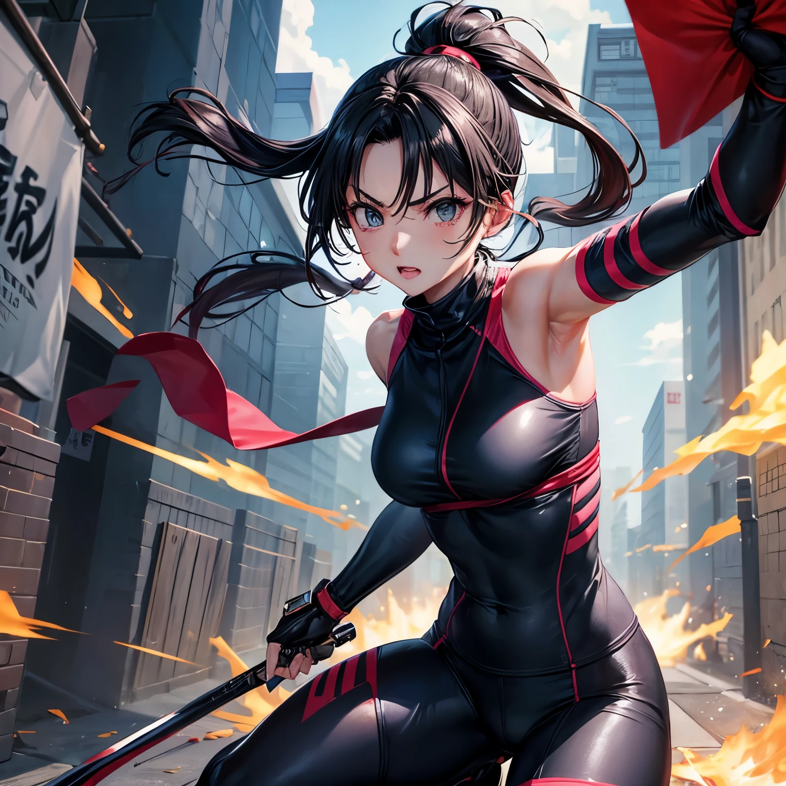 A female ninja、I was shot and it hurts.。