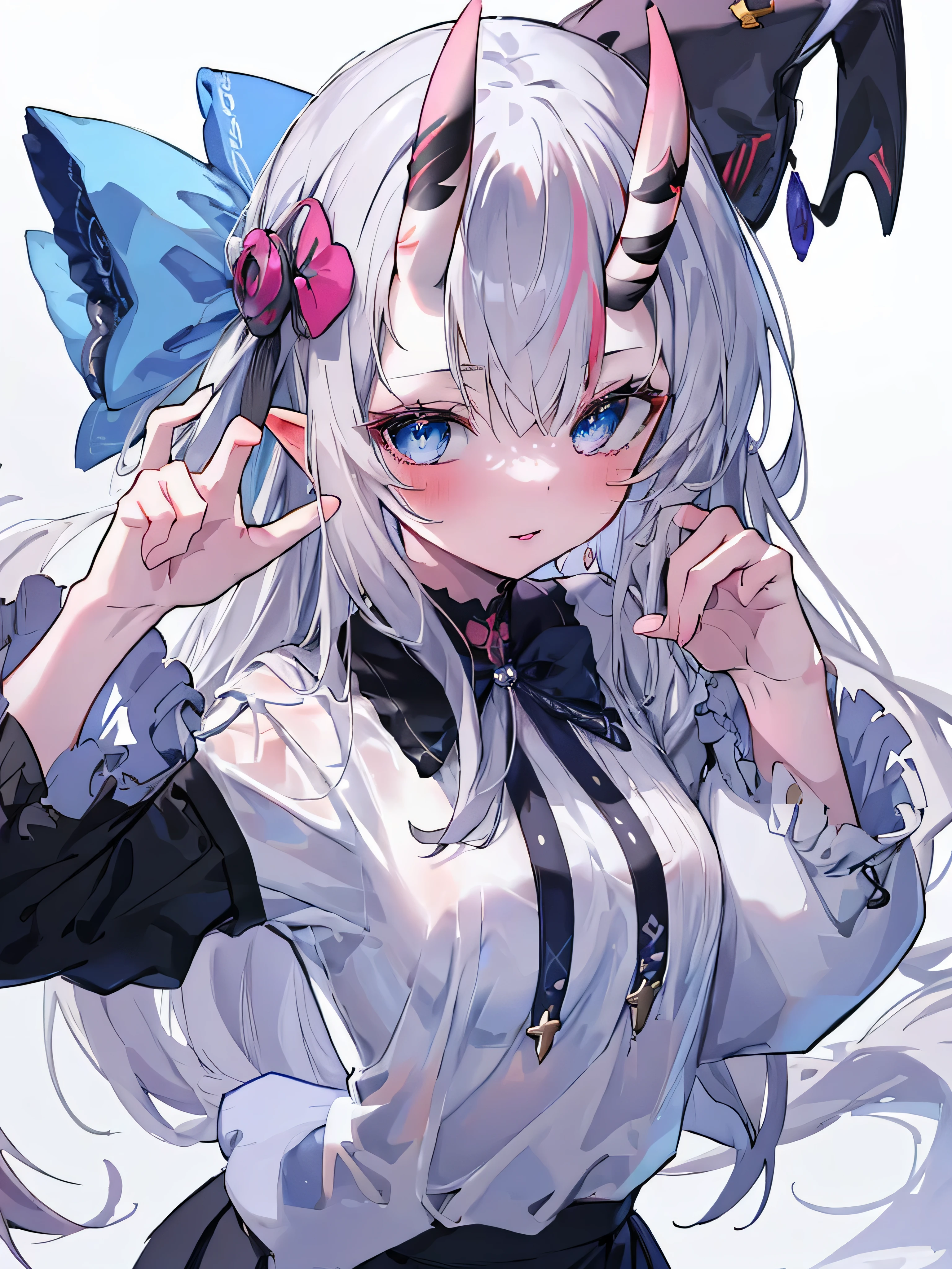 masterpiece,full HD,best quality,colorfull,best color,maximum sharpener,beautiful eyes,grey hair,bright blue eyes,long hair,white T - shirt,medium breast,(oni horns),solo,cute,bow, black skirt,white background,pink lips