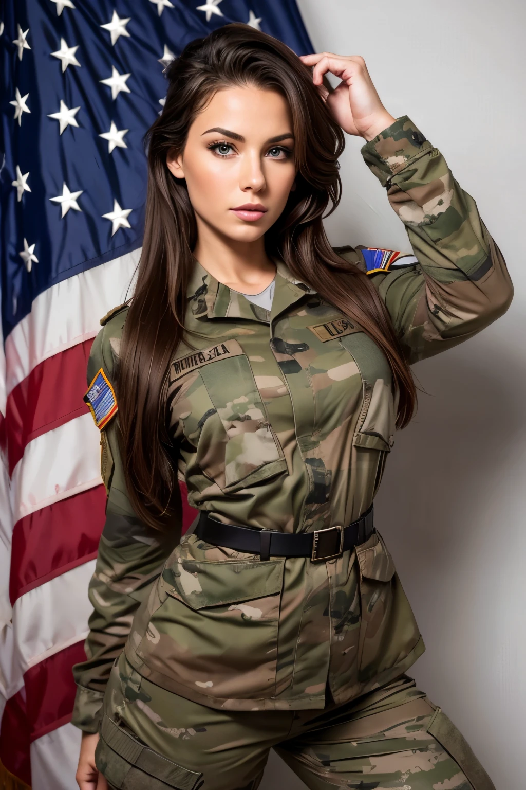 USA military , full body she is waiting to make love to you, , European woman, military uniform, tight top