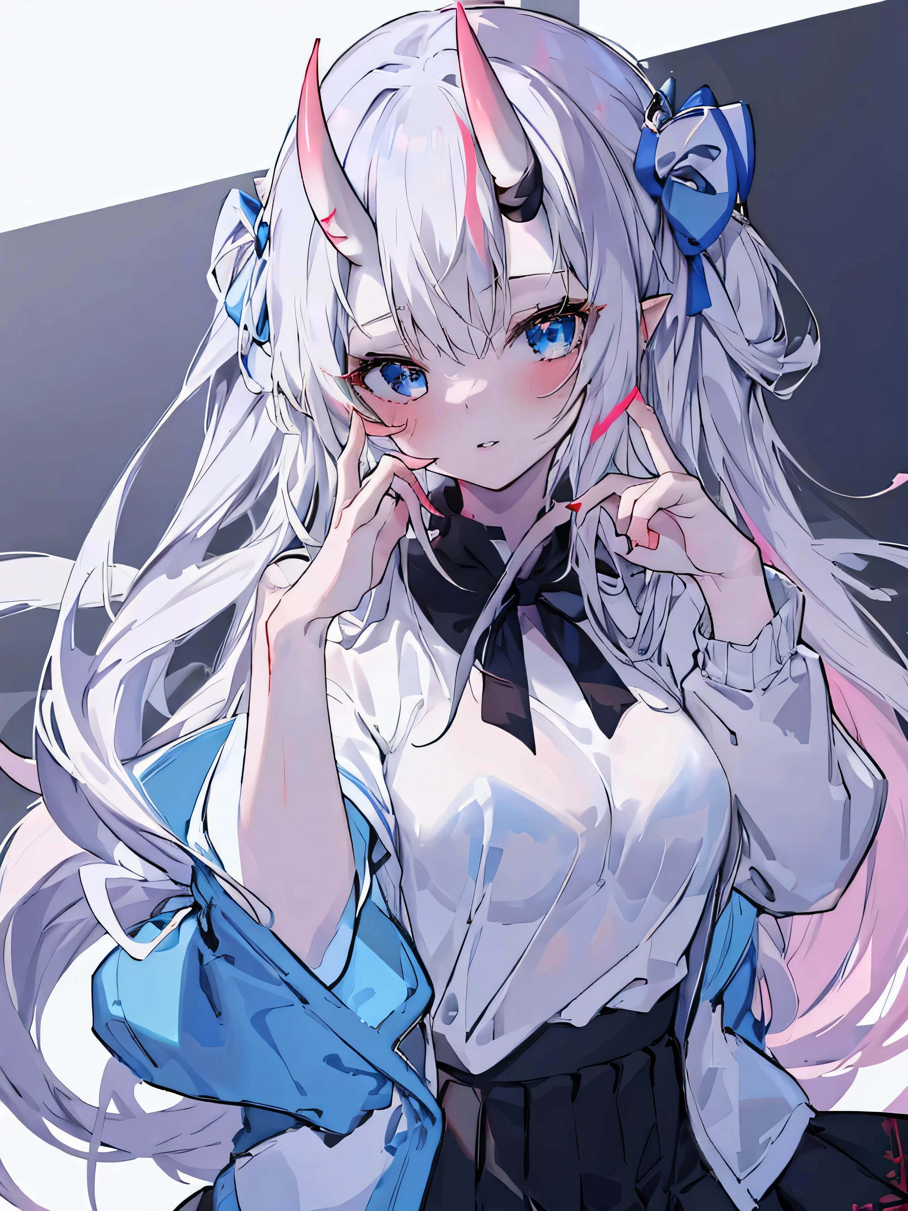 masterpiece,full HD,best quality,colorfull,best color,maximum sharpener,beautiful eyes,grey hair,bright blue eyes,long hair,white T - shirt,medium breast,(oni horns),solo,cute,bow, black skirt,white background,pink lips