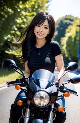 best quality, detailed, beautiful, insanely detailed, absurdres,
Japanese woman,black hair,27 years old,
(slender),
(small breasts best quality),(motorcycle), blissful, smiling, (riding motorcycle), front view, wavy hair, camouflage bikini, piercing, japanese, on the road, full body shot, front view, low angle shot