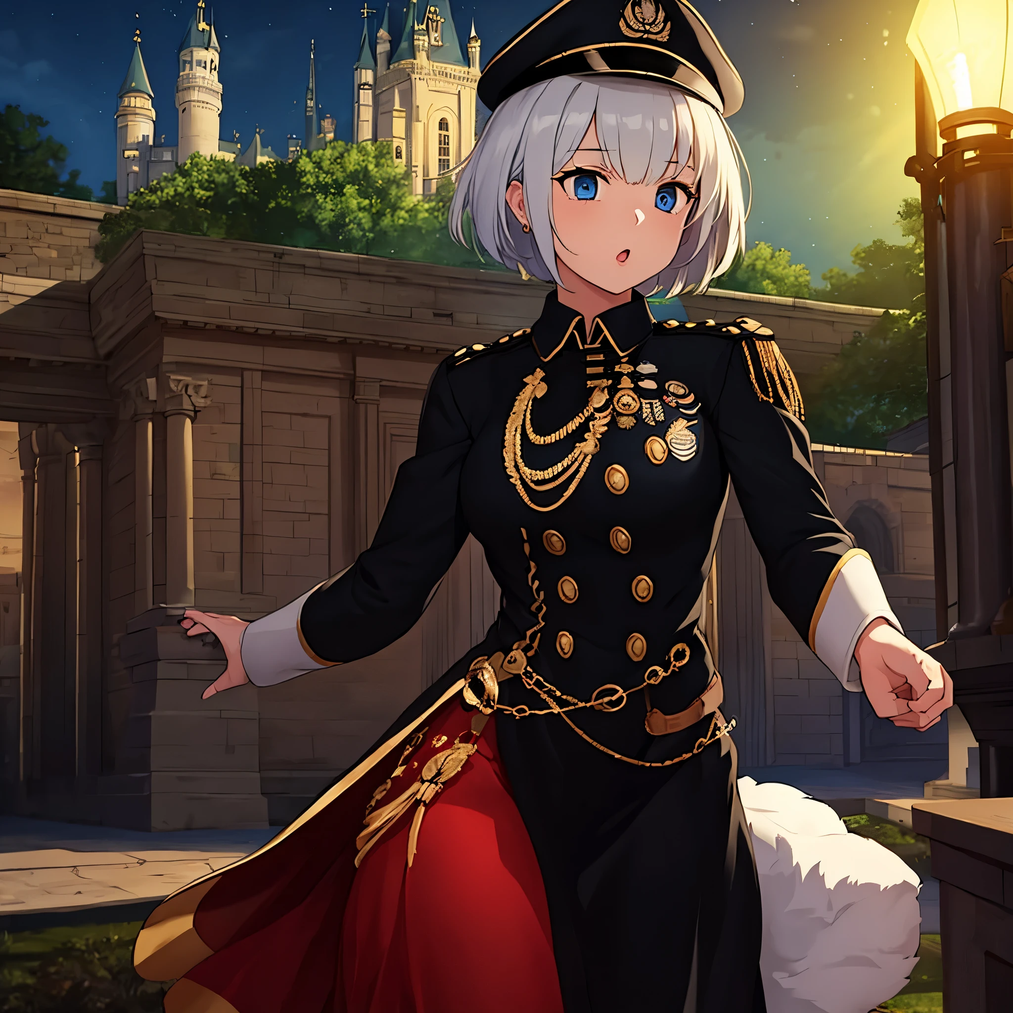 A girl wearing a Prussian military uniform, black with gold trim, faint blue eyes, outside a German castle at night.
