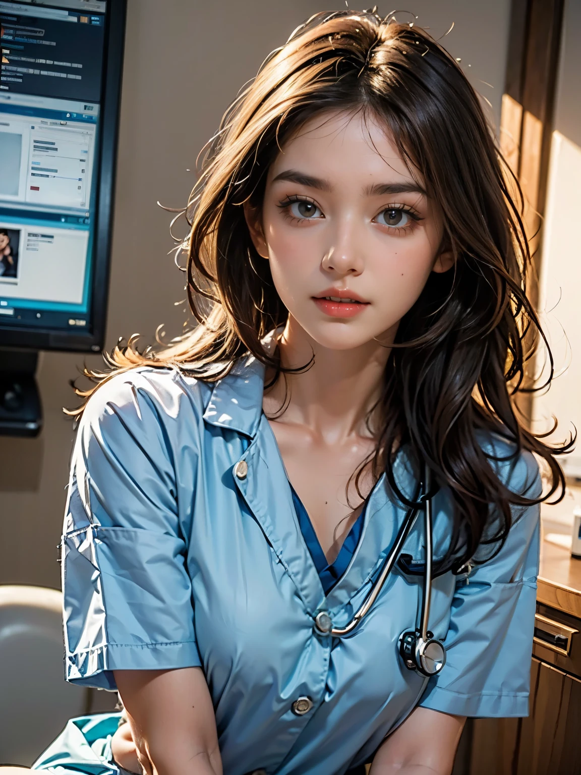 (masterpiece, best quality) trending on artstation, portrait, head and shoulders, cute face, most beautiful in the world, soft, delicate, (long red hair), large sagging breasts, perfect figure, (wearing white doctor uniform:1.2), blue shirt, stethoscope:1.4, medical fetish, examination,  hospital ward background, sfw