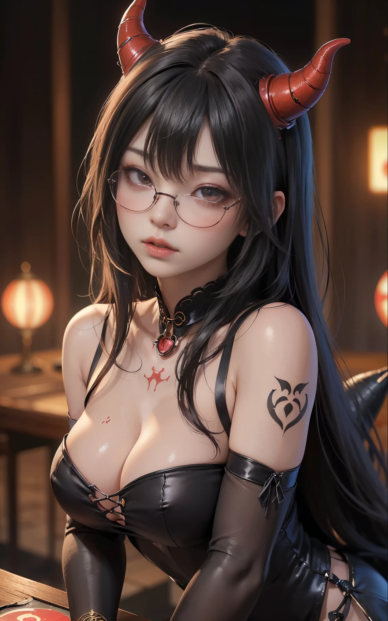 got itですかですか、(best illustrations)、8k UHD resolution、intricate details、highest quality、realistic、Super detailed、best lighting、best shadow、soft lighting、ultra hd、超realistic、Tyndall effect、Photoreal、(high detail skin:1.2)、 (intricate details, compensate, face to face with the children_v1:0.5), (got it, beautiful and delicate face, got itですか, beautiful and delicate eyes, perfectly proportioned face, high resolution skins, fine skin, Optimal ratio of 4 fingers and 1 thumb, arm under chest, red tattoo on lower abdomen、Wow wow, wide hips, smooth abdomen, thin and thin skin, __fashion__, __hair__:1.25)、Digital single-lens reflex camera、 absurd、(table top: 1.3), (maximum resolution: 1.2), (ultra hdTV: 1.2), cinematic light, fine eyes and skin, detailed facial features, , (sharp focus: 1.2）, (focus on the face:1.2),perfect style, beautiful face, acura, anatomically correct, Highly detailed face and skin texture, fine eyes, double eyelid, thin eyebrows, glitter eyeliner: 1 natural cheeks, Glossy skin, Fair skin: 1.2, (glossy lips: 1.4),(embarrassed look: 1.2),Highly detailed face and skin texture, fine eyes, double eyelid, natural cheeks,  glossy lips: 1.4,exposed cleavage、Bewitching。charm、 Beautiful devil woman from hell, デヴィッド・ホックニーとアルフォンス・ミュシャによる超realistic女性の肖像画, charm女性の肖像画、fantasy art, Chinese humanoid robot、chinese actress、dungeon、dragon、devil&#39;palace of、devil&#39;torture chamber、night、dark style 、in the dark、(detailed spooky background:0.8), magic、 1 girl、evil nun、dark necromancer、Succubus、devil&#39;Daughter of、Shinonome Umi、bat wings，(((devil&#39;Horn)))、 ((((giant glasses, otaku glasses, thick glasses, round glasses)))),(((big breasts)))、(devil&#39;tail)、(red eyesは光り輝いて:1.6)、red eyesは非常に鮮明で詳細です, your eyes are so beautifully made, ((red eyes:1.0)),intricate tattoo, demonic intricate tattoo, thigh tattoo, body tattoo, masterpiece、最もbeautiful face、baby face、cute smile、beautiful plump red lips、筋肉のcharm体、devilのcharm体、devil style、charmブラックマジックコスチューム、The long-haired、Braid、Black hair、Ponytail distortion、, Ponytail with a bow tied at the back of the hair, beautiful expression、body up、big breasts強調、bust,  super tight chest, Breast augmentation surgery, Breasts are very big and round,tight waist、wide ass、 secret key, cowboy lens, (black phoenix dress: 1.0),  devil crown,  Red Gemstone Necklace、Jewelry G Wise,  Please wear black mesh socks,wearing light red、nffsw, nffsw, Meeting beautiful girls, look at the girl&#39;Main body,