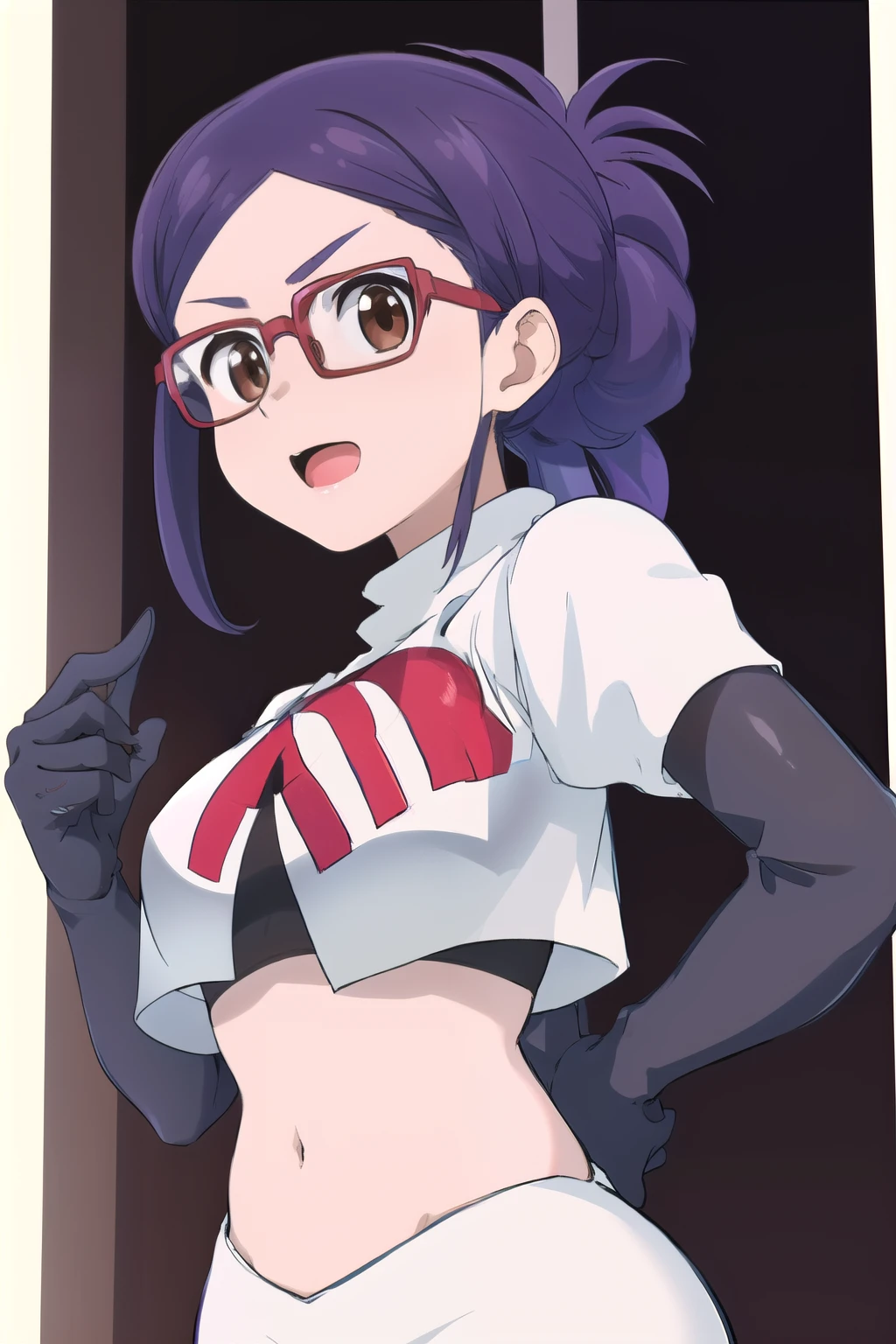 masterpiece, highres, 1girl, brown eyes,purple hair, AmiAsaiR4, glasses, portrait, (white background) , ponytail, team rocket,team rocket uniform,white skirt,red letter R,crop top,black thigh-highs,black elbow gloves