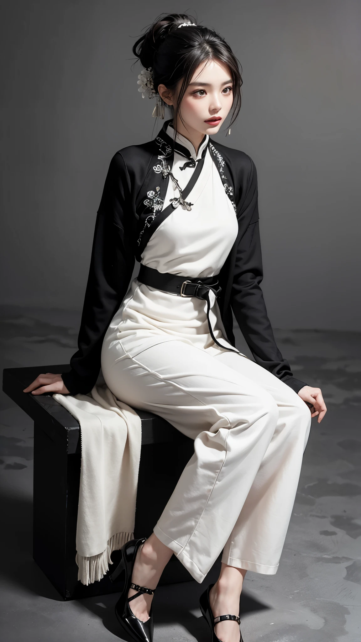 (white and black theme:1.8), (fog and mist Blurred background, Perfect and beautiful concrete background:1.6), (Inorganic and nostalgic white lighting:1.6), //Character
1girl,
BREAK
//Fashions
Traditional Chinese Ensemble with Knitwear Twist,
Drape her in a classic qipao or cheongsam featuring intricate embroidery and delicate silk fabric, paying homage to traditional Chinese fashion,
Layer the qipao with a modern twist by adding a knitted cardigan or sweater in a complementary color or pattern, blending traditional elegance with contemporary comfort,
BREAK
Opt for a high-necked qipao with long sleeves to complement the cozy warmth of the knitwear, creating a harmonious fusion of styles,
Pair the ensemble with tailored trousers or leggings for added versatility and practicality, ensuring ease of movement while maintaining a polished look,
BREAK
Accessorize with traditional Chinese jewelry such as jade bangles or intricate hair ornaments, adding a touch of cultural authenticity to the ensemble,
Complete the look with sleek ankle boots or flats, balancing the traditional and modern elements of the outfit effortlessly,
BREAK