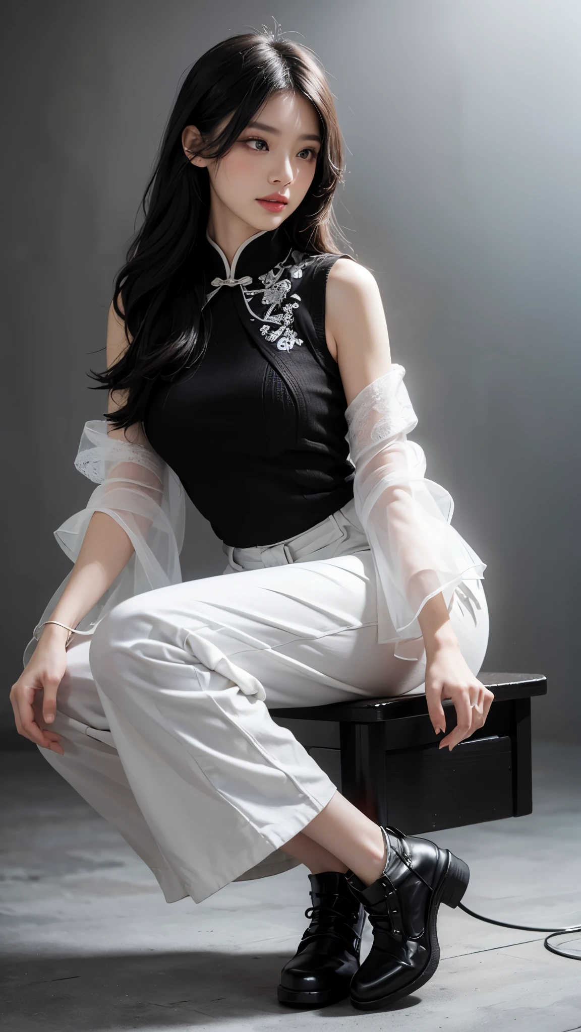 (white and black theme:1.8), (fog and mist Blurred background, Perfect and beautiful concrete background:1.6), (Inorganic and nostalgic white lighting:1.6),  //Character
1girl,
BREAK
//Fashions
Traditional Chinese Ensemble with Knitwear Twist,
Drape her in a classic qipao or cheongsam featuring intricate embroidery and delicate silk fabric, paying homage to traditional Chinese fashion,
Layer the qipao with a modern twist by adding a knitted cardigan or sweater in a complementary color or pattern, blending traditional elegance with contemporary comfort,
BREAK
Opt for a high-necked qipao with long sleeves to complement the cozy warmth of the knitwear, creating a harmonious fusion of styles,
Pair the ensemble with tailored trousers or leggings for added versatility and practicality, ensuring ease of movement while maintaining a polished look,
BREAK
Accessorize with traditional Chinese jewelry such as jade bangles or intricate hair ornaments, adding a touch of cultural authenticity to the ensemble,
Complete the look with sleek ankle boots or flats, balancing the traditional and modern elements of the outfit effortlessly,
BREAK
