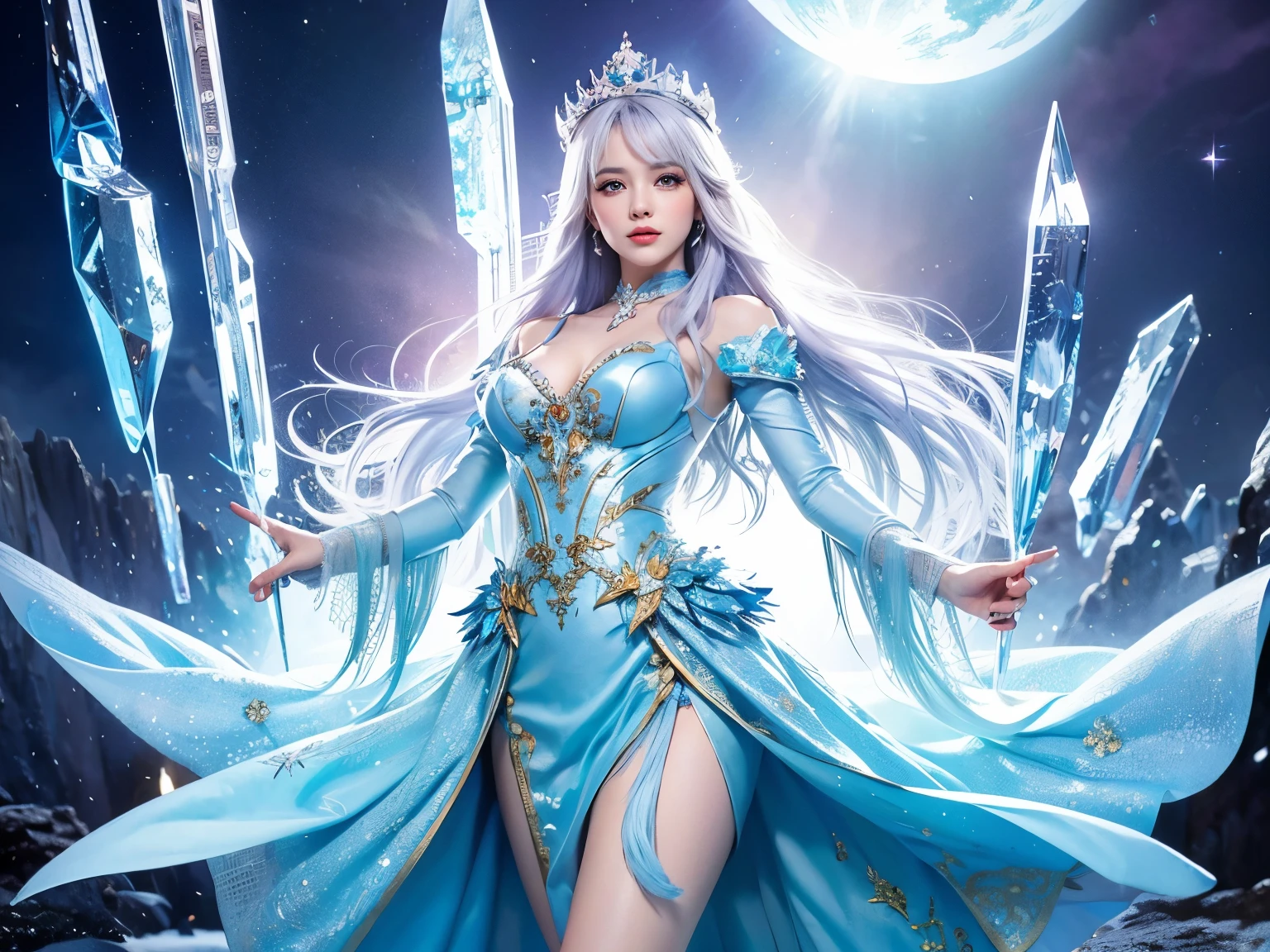 ( absurdly , high quality , Super detailed,(See photographer )、Ice Queen,Crystal costume with detailed, beautiful and colorful patterns,ice queen,ice World,fantasy palace of god
