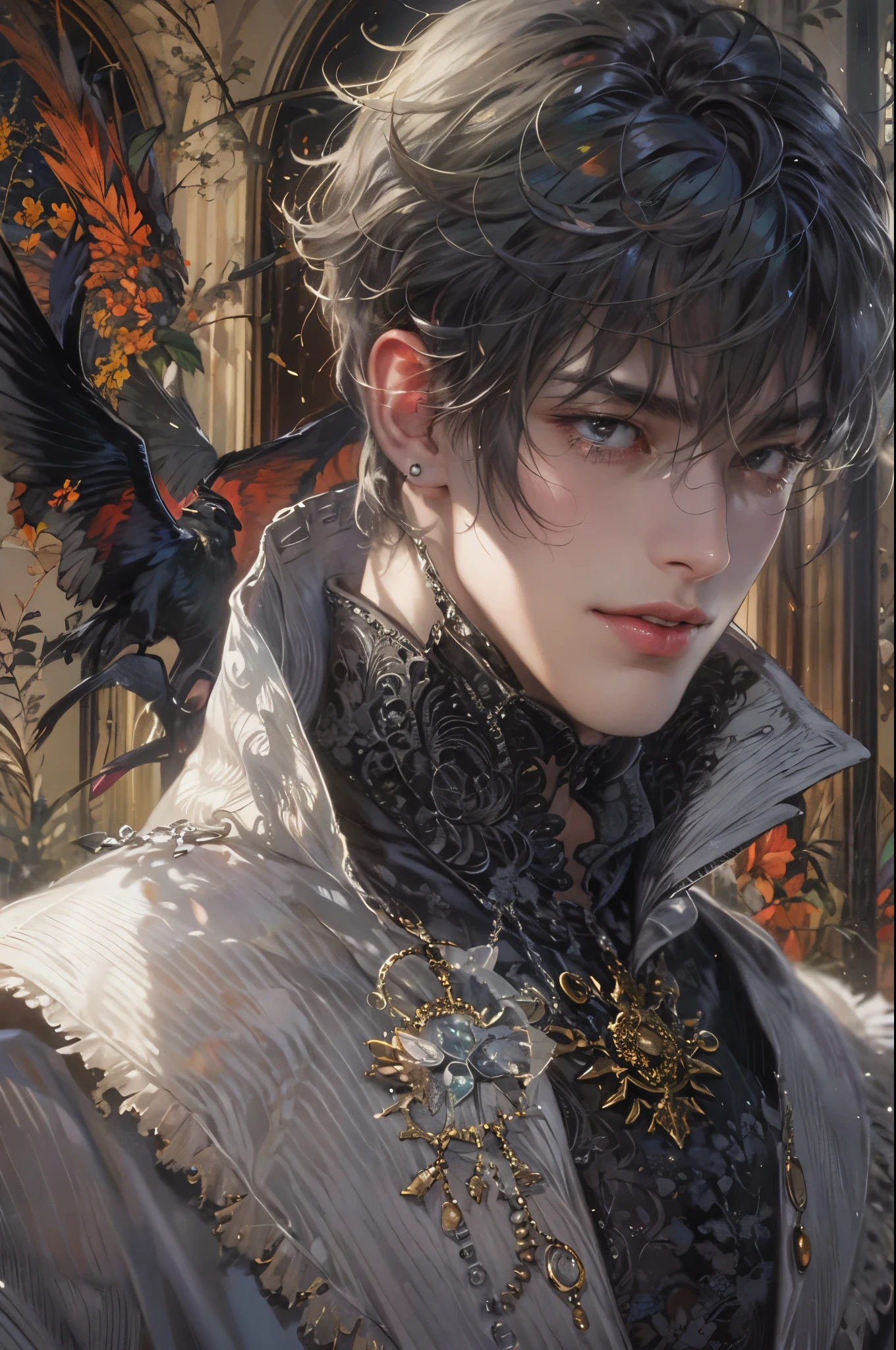((Best quality)), ((masterpiece)), (detailed), ((perfect face)), ((halfbody)) handsome face, male, teen boy, perfect proportions , a male character hero from vampire saviour comics in a gnostic outfit showing chest, succubus, incubus, vampire, dark cape, dark castle, detailed scenery background