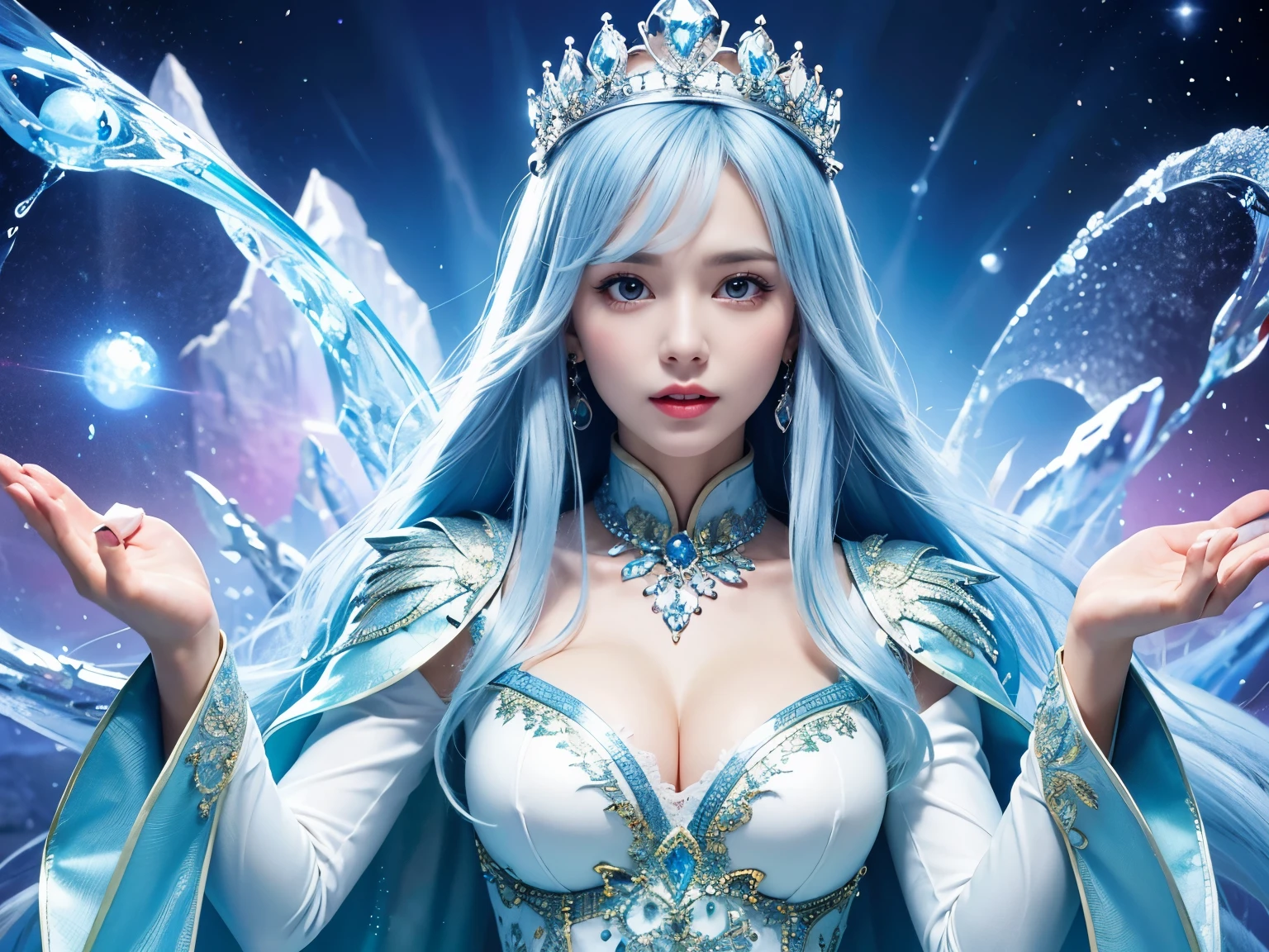( absurdly , high quality , Super detailed,(See photographer )、Ice Queen,Crystal costume with detailed, beautiful and colorful patterns,ice queen,ice World,fantasy palace of god