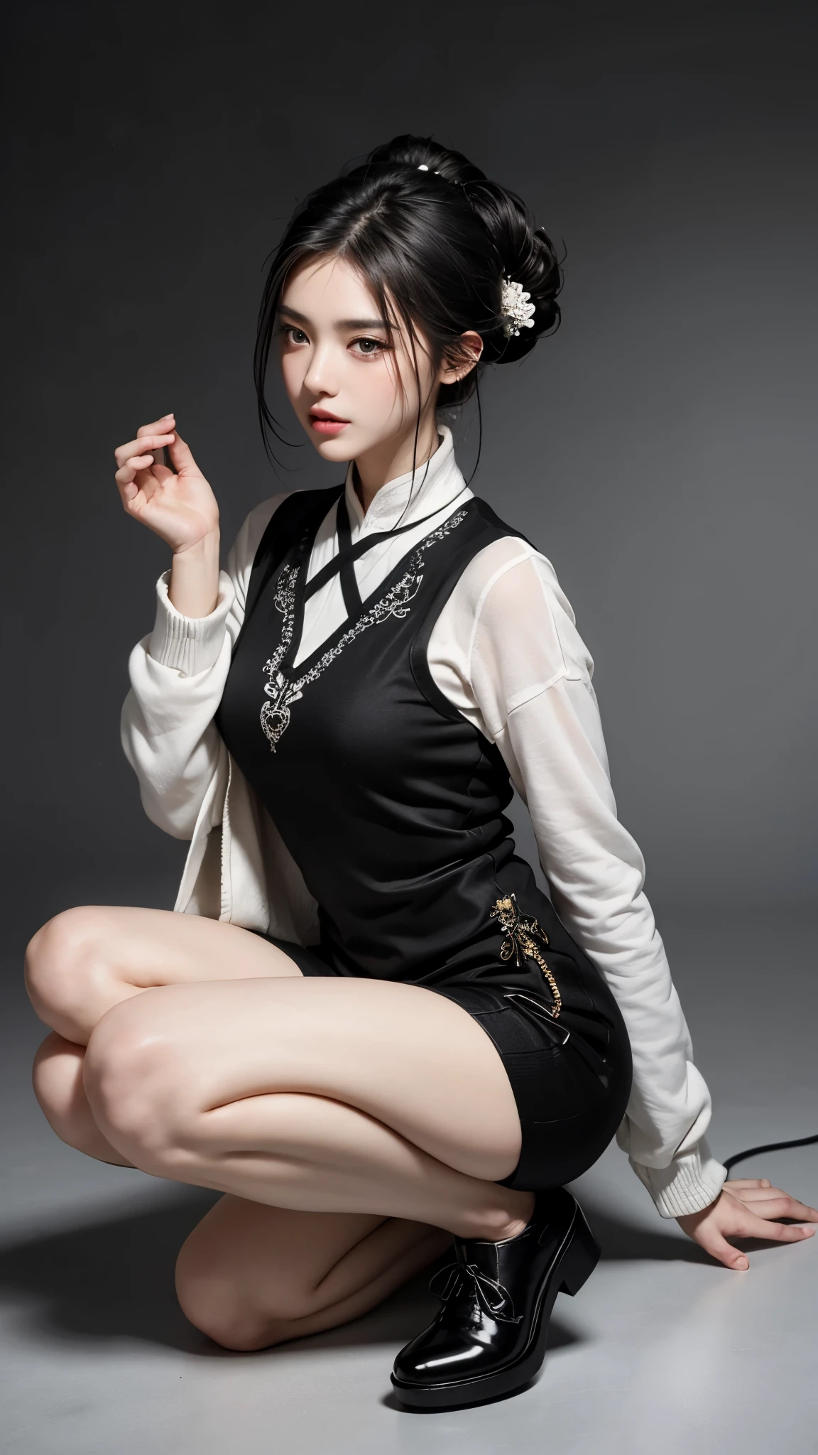 (white and black theme:1.8), (fog and mist Blurred background, Perfect and beautiful concrete background:1.6), (Inorganic and nostalgic white lighting:1.6), //Character
1girl,
BREAK
//Fashions
Traditional Chinese Ensemble with Knitwear Twist,
Drape her in a classic qipao or cheongsam featuring intricate embroidery and delicate silk fabric, paying homage to traditional Chinese fashion,
Layer the qipao with a modern twist by adding a knitted cardigan or sweater in a complementary color or pattern, blending traditional elegance with contemporary comfort,
BREAK
Opt for a high-necked qipao with long sleeves to complement the cozy warmth of the knitwear, creating a harmonious fusion of styles,
Pair the ensemble with tailored trousers or leggings for added versatility and practicality, ensuring ease of movement while maintaining a polished look,
BREAK
Accessorize with traditional Chinese jewelry such as jade bangles or intricate hair ornaments, adding a touch of cultural authenticity to the ensemble,
Complete the look with sleek ankle boots or flats, balancing the traditional and modern elements of the outfit effortlessly,
BREAK