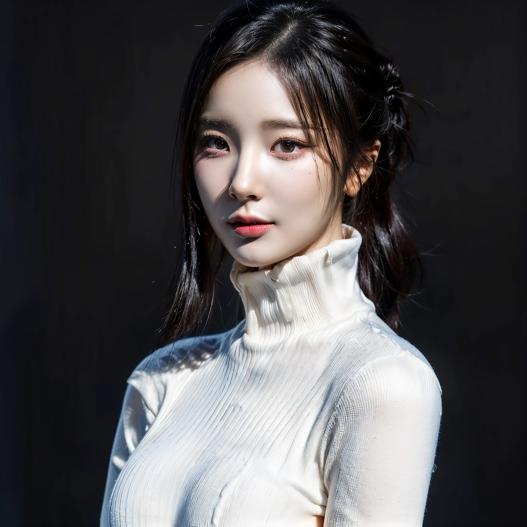 (((A portrait of a beautiful naked girl))), standing, perfect ideal body, perfect body shape, hourglass body curve, bun hairstyle, cute expression, full body, korean face, ultra realistic, ultra fine details, HDR10+, Dolby Vision, ambient light, studio photoshoot, black plain background.