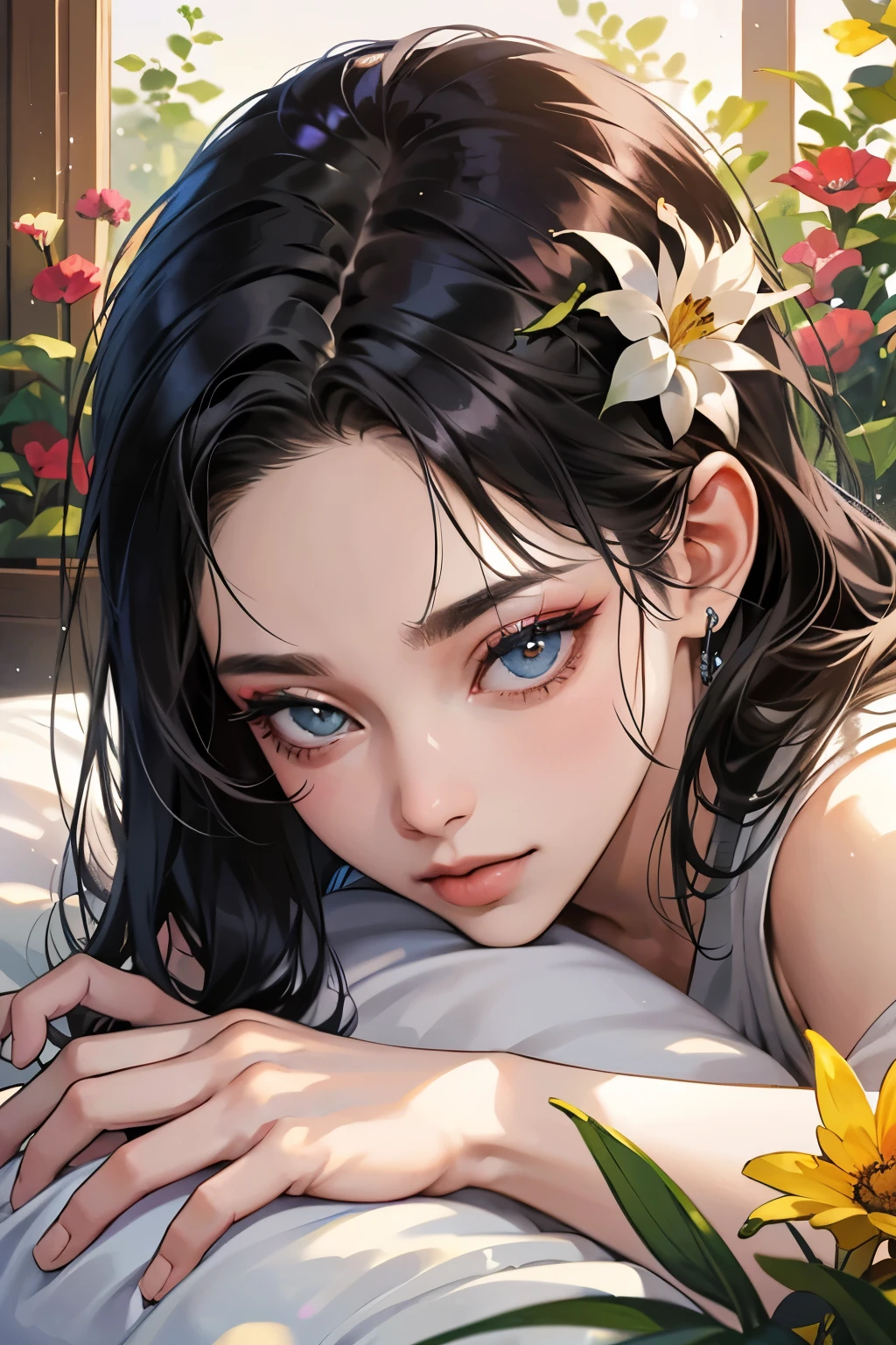 (table top, digital art, digital illustration, 4k, 8k, Super detailed, beautiful images, clear image, realistic, RAW photo, perfect face, perfect lines, perfect eyes, soft lighting) ,1 female, (long black hair,straight hair,bullish look,Beautiful woman,grace,Make up well,23 years old,:1.3),Two handsome men in suits, (human,muscular,solid shoulder width, human,boyish hairstyle,English gentleman'Style,A man in his 30s with a cool expression,28 year old man with a bright 笑顔:1.2),Show your white teeth and 笑顔(embarrassing,shy smile:1.1),garden full of light、Squirting、resort sofa、colorful flowers、couple、coupleキス、romance porn、lie down、ハグし合うcouple