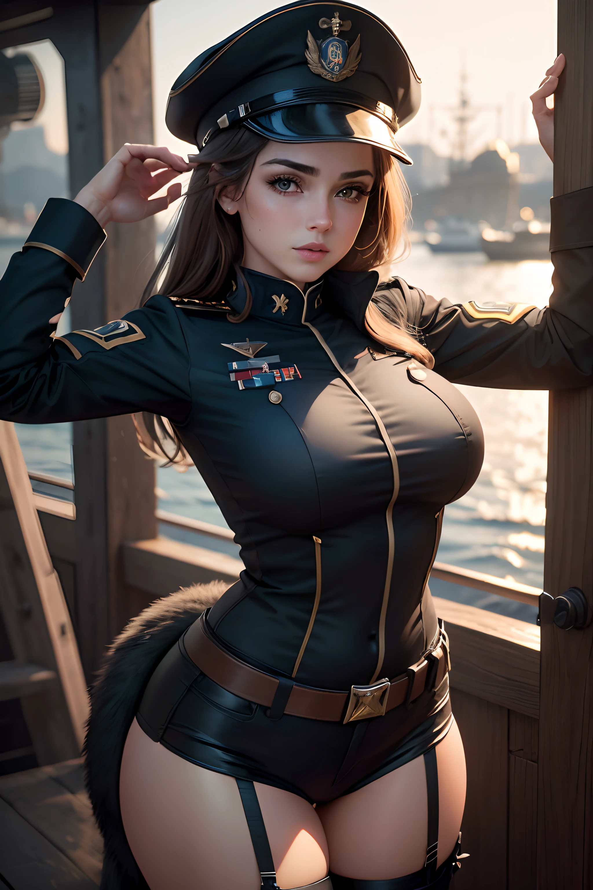 (8k,fotorrealista Raw photography calidad superior;1.4) (1 mujer hermosa) super beauty (cara realista) ojos azules Large breasts and large tail with short brown hair in a black uniform posing on a warship, Mujer con uniforme militar negro Pantalones negro pantyhose de uniforme militar con sobrero Oficial U.S.ARMY beautiful facial expression Piel de aspecto real 超High resolution Precision parts La cubierta de un buque de guerra noche