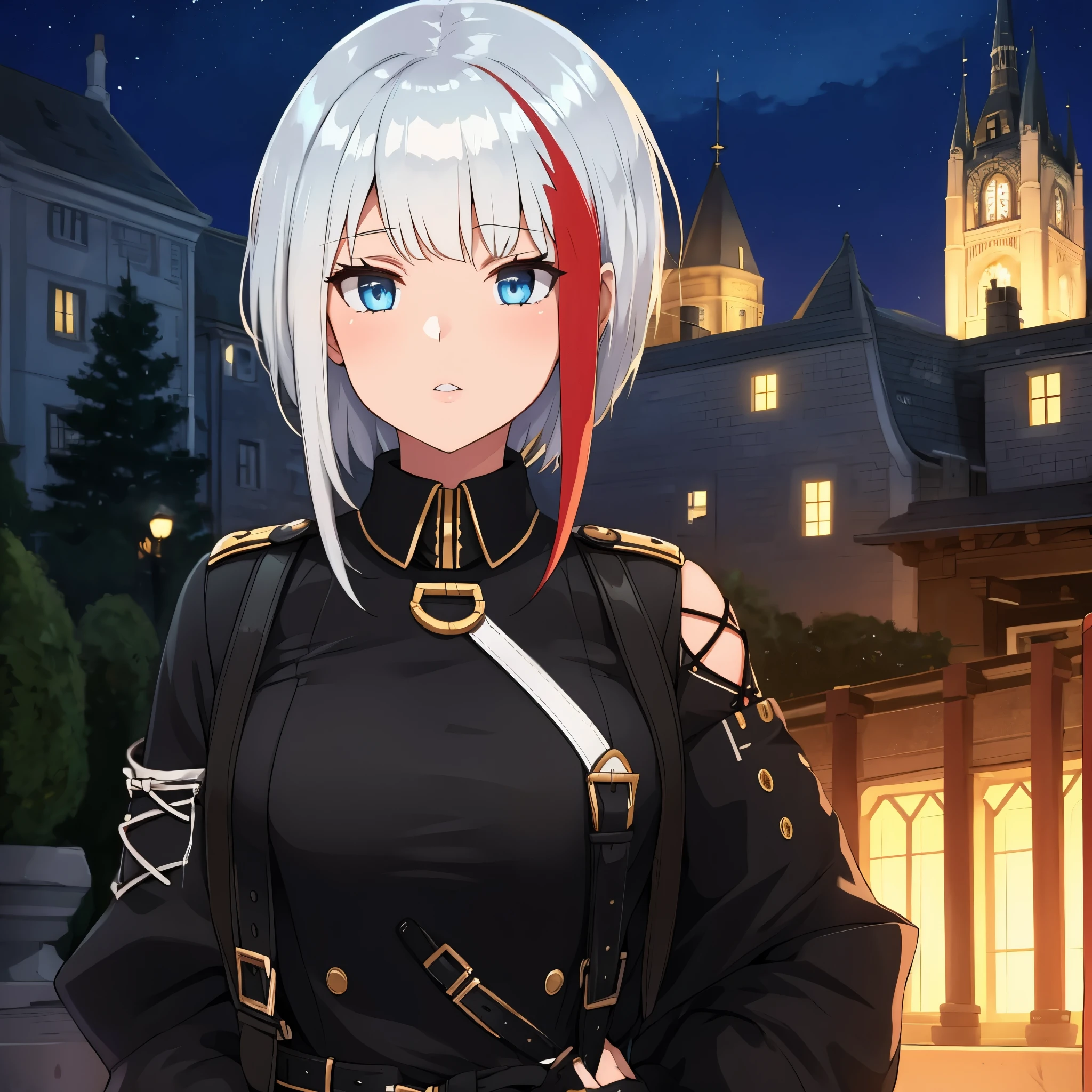 A girl wearing a Prussian military uniform, black with gold trim, silver hair, faint blue eyes, outside a German castle at night.
