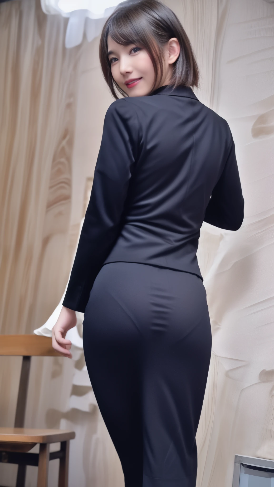 ((office room))、laughter、Beautiful Japan woman at 19 years old:1.5,(realistic、Photoreal:1.37)、(masterpiece)、(highest quality:1.4),(Raw photo:1.2)、(sharp focus:1.3)、(Sexy random pose with butt sticking out:1.2)、(One slender girl wearing a detailed pencil skirt and black suit jacket and white shirt:1.3)、(OL)、professional attire、high heels、(24-years-old:1.1)、(smile:1.3)、(make your hair shine:1.3)、 brown haired、bob cut、 short pencil skirt,Fancy makeup with red eyeshadow,
(Medium milk:1.2)、(bright daytime interior:1.2), Emphasize your butt from behind,