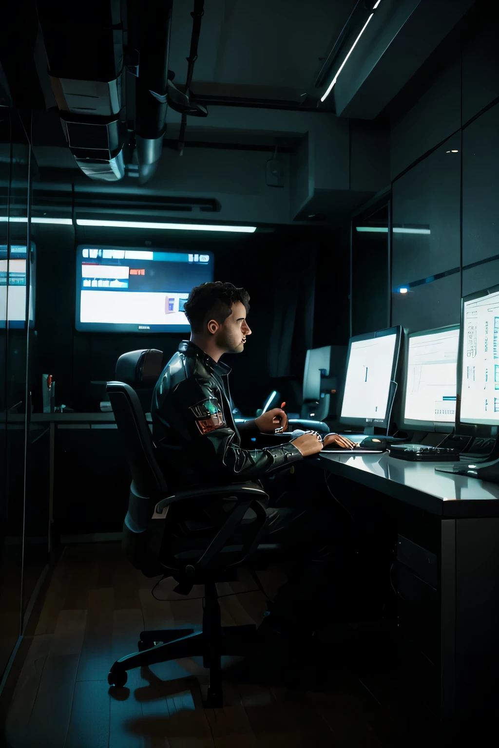 homem usando um computador em uma sala futurista estilo cyberpunk