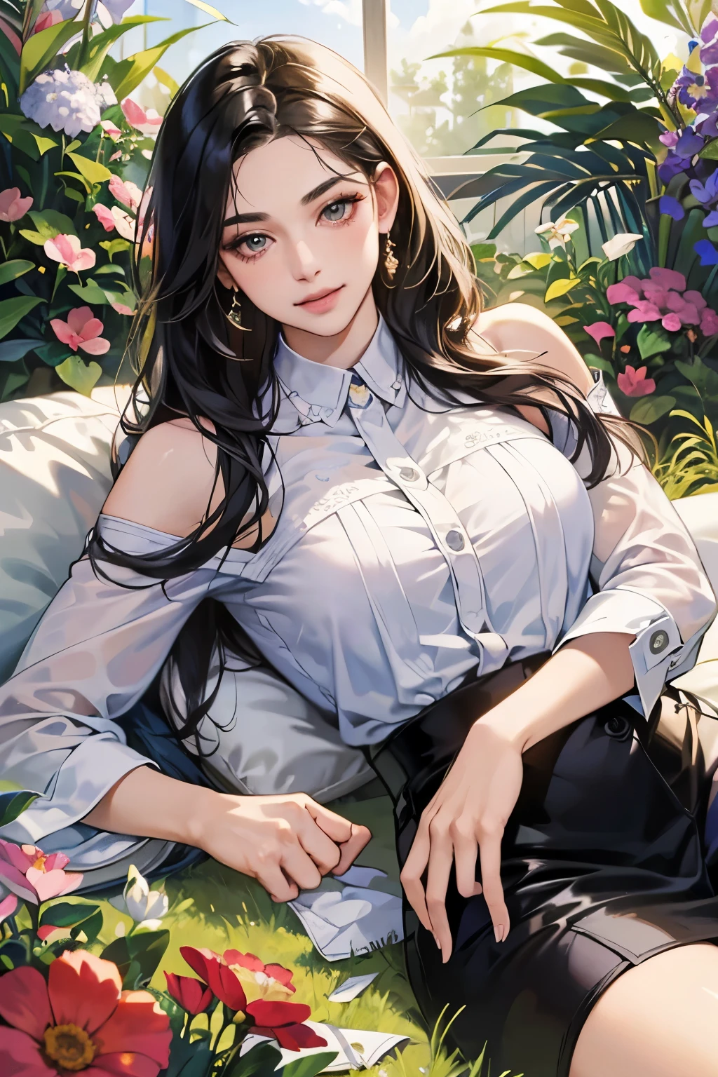 (table top, digital art, digital illustration, 4k, 8k, Super detailed, beautiful images, clear image, realistic, RAW photo, perfect face, perfect lines, perfect eyes, soft lighting) ,1 female, (long black hair,straight hair,bullish look,Beautiful woman,grace,Make up well,23 years old,:1.3),Two handsome men in suits, (human,muscular,solid shoulder width, human,boyish hairstyle,English gentleman'Style,A man in his 30s with a cool expression,28 year old man with a bright 笑顔:1.2),Show your white teeth and 笑顔(embarrassing,shy smile:1.1),garden full of light、Squirting、resort sofa、colorful flowers、couple、coupleキス、romance porn、lie down、ハグし合うcouple