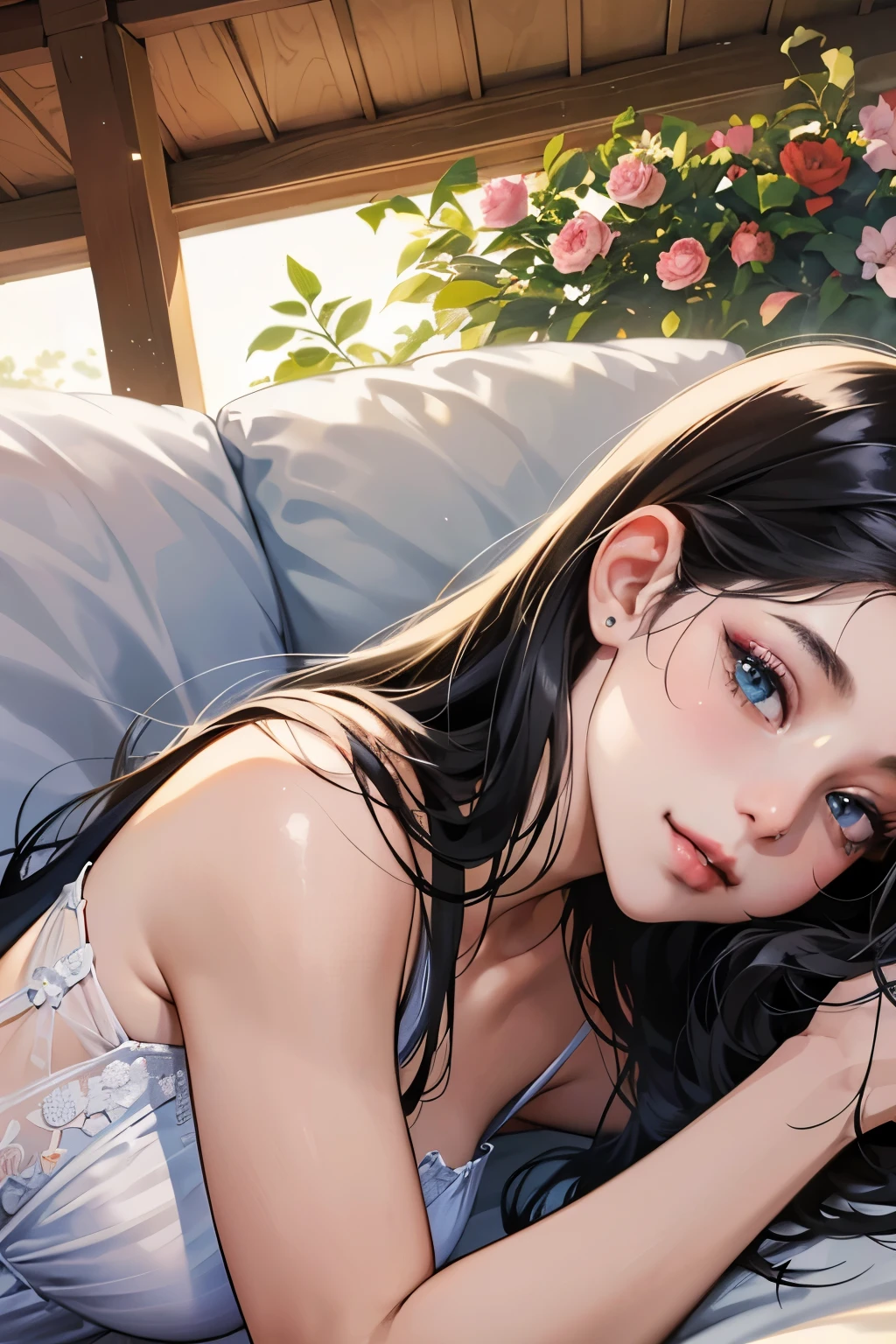(table top, digital art, digital illustration, 4k, 8k, Super detailed, beautiful images, clear image, realistic, RAW photo, perfect face, perfect lines, perfect eyes, soft lighting) ,1 female, (long black hair,straight hair,bullish look,Beautiful woman,grace,Make up well,23 years old,:1.3),Two handsome men in suits, (human,muscular,solid shoulder width, human,boyish hairstyle,English gentleman'Style,A man in his 30s with a cool expression,28 year old man with a bright 笑顔:1.2),Show your white teeth and 笑顔(embarrassing,shy smile:1.1),garden full of light、Squirting、resort sofa、colorful flowers、couple、coupleキス、romance porn、lie down、ハグし合うcouple