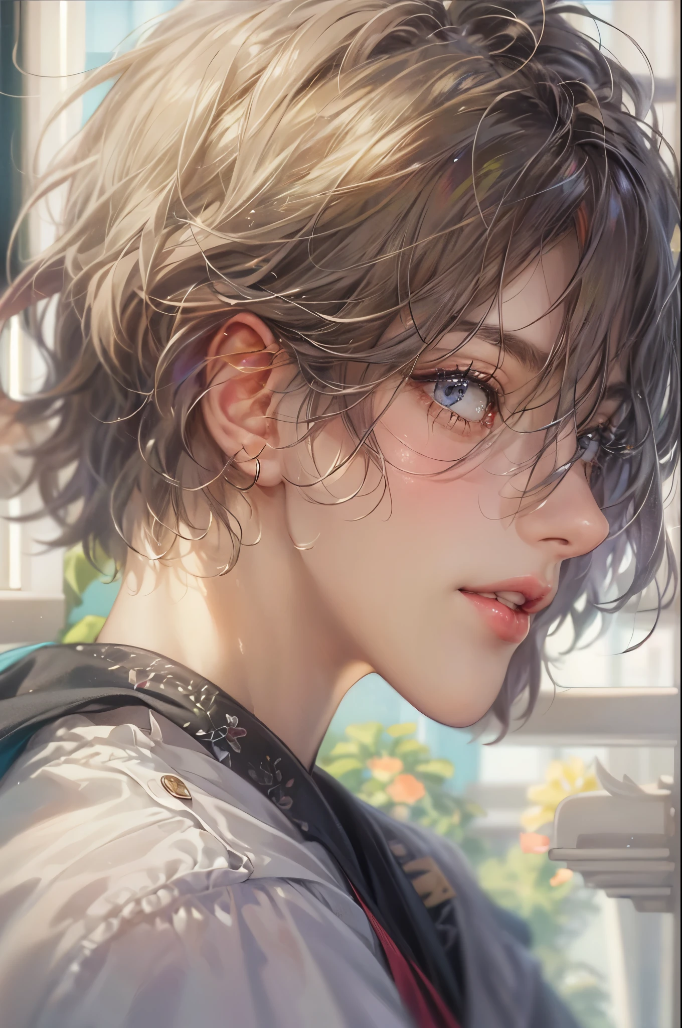 ((Best quality)), ((masterpiece)), (detailed), ((perfect face)), ((halfbody)) handsome face, male, boy, perfect proportions , a character from anime gate keepers , casual outfit, detailed school interior scenery background