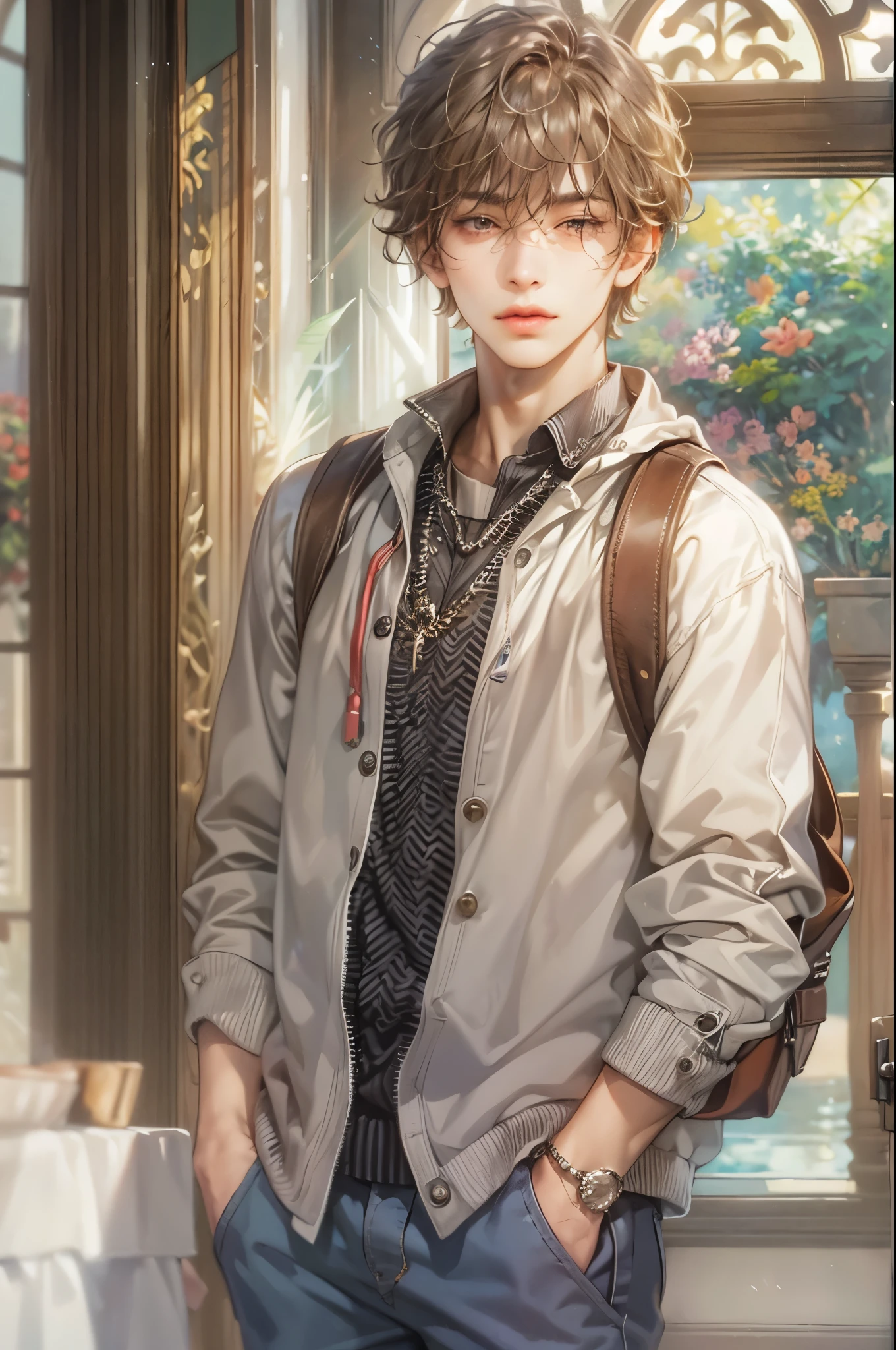 ((Best quality)), ((masterpiece)), (detailed), ((perfect face)), ((halfbody)) handsome face, male, teen boy, perfect proportions , a character from anime gate keepers , casual outfit, detailed school interior scenery background