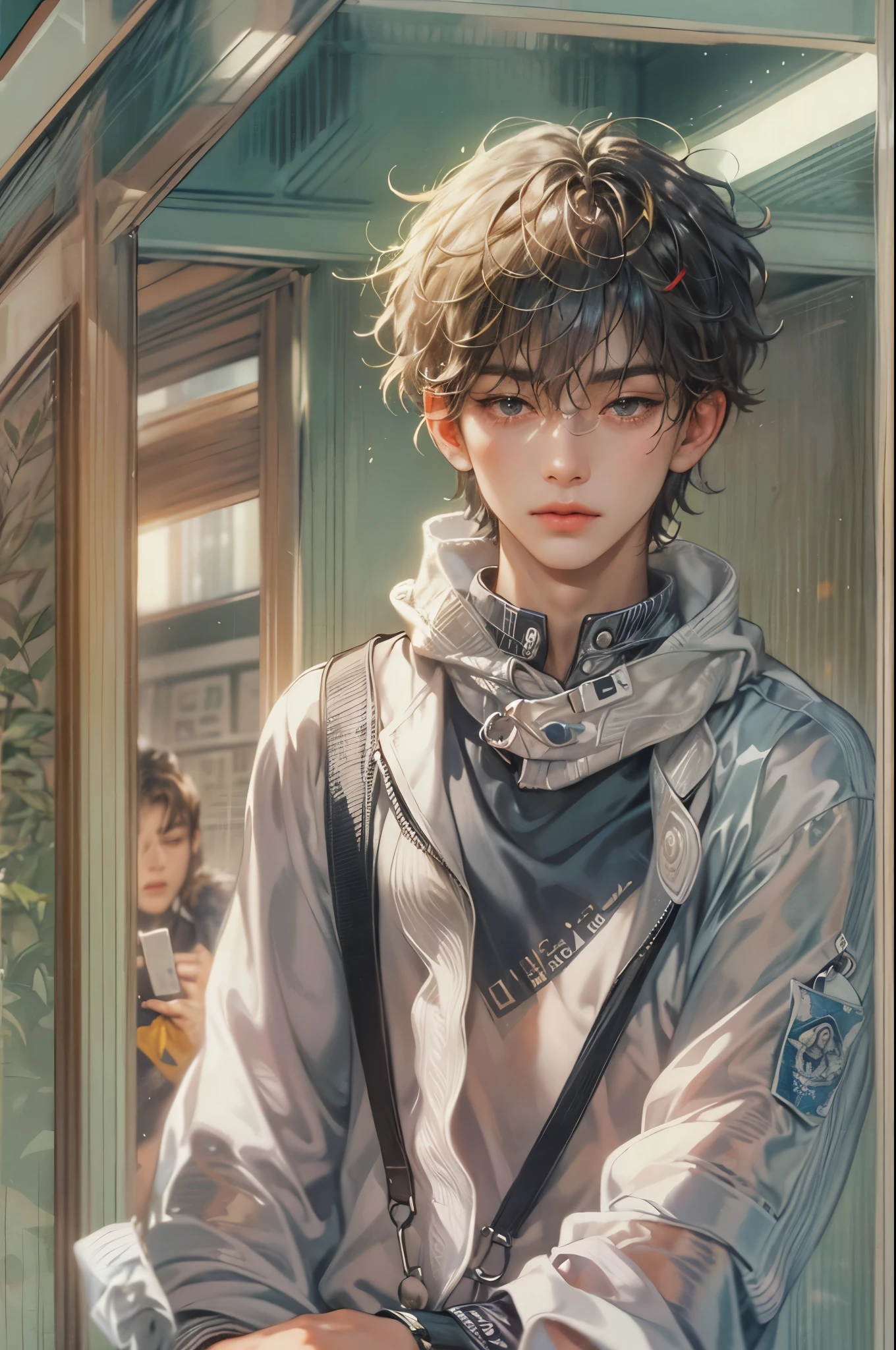 ((Best quality)), ((masterpiece)), (detailed), ((perfect face)), ((halfbody)) handsome face, male,  boy,  perfect proportions , a character from anime gate keepers , casual outfit, detailed school interior scenery background 