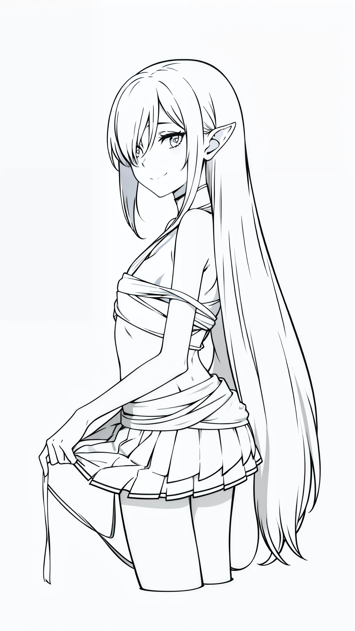 ((1 girl,20 years old,mature female)),long hair,solo,white hair,long hair,(((white skin,pale skin,colored skin))),(((hair over one eye))),((naked bandage,white pleated mini skirt)),elf ear,s,(sensual expression,blush,smile,sexy)),bare belly,(white background,line drawing),sensual pose,lying,from back