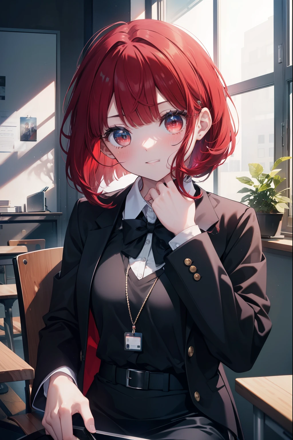 canary, when he plows, bob cut, (red eyes:1.5), redhead, long hair,
black suit jacket, collared jacket, white dress shirt, collared shirt, neckline, button, strap, ID card on neck, black pencil skirt, black pantyhose,stiletto heels smile, blush, looking at the viewer, Charm, Mechanical,on your computer,sitting cross-legged on a chair, interior,touch typing ,
break looking at viewer,
break indoors, office,
break (masterpiece:1.2), highest quality, High resolution, unity 8k wallpaper, (figure:0.8), (detailed and beautiful eyes:1.6), highly detailed face, perfect lighting, Very detailed CG, (perfect hands, perfect anatomy),