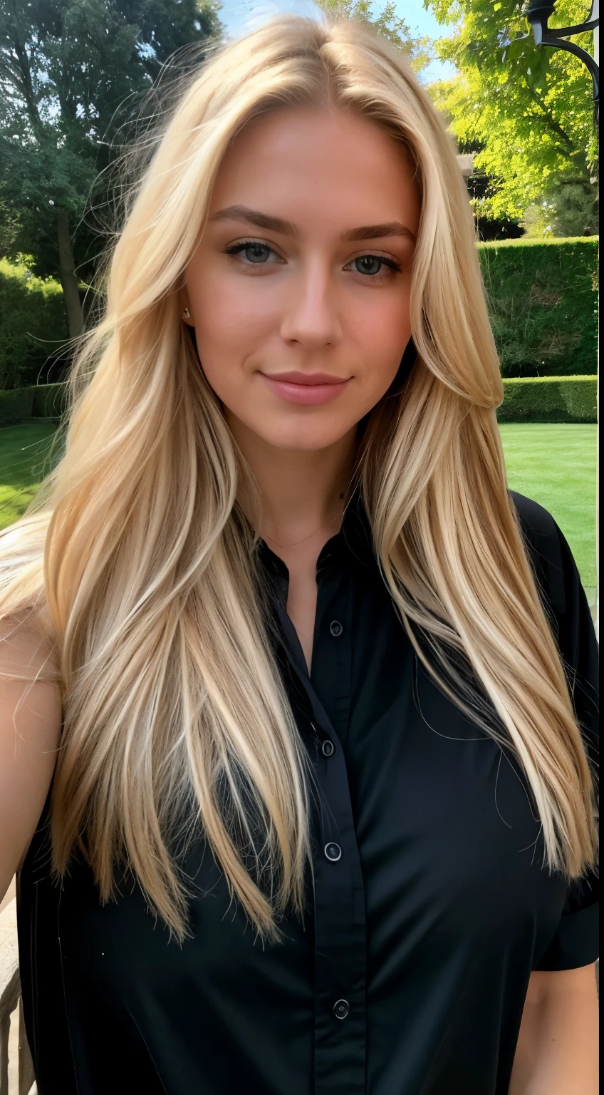 23 year old blonde., ((big breasts)), ((hyperrealism)) ,. Blonde hair with light brown roots. blond hair, Hair with brown roots, very long hair, very long hair, very long hair, Beautiful, foreground, selfie, Photo taken on iPhone, face looks straight into the camera, elegant black shirt with ascot, LF, selfie in the garden, high quality, selfie iPhone, split