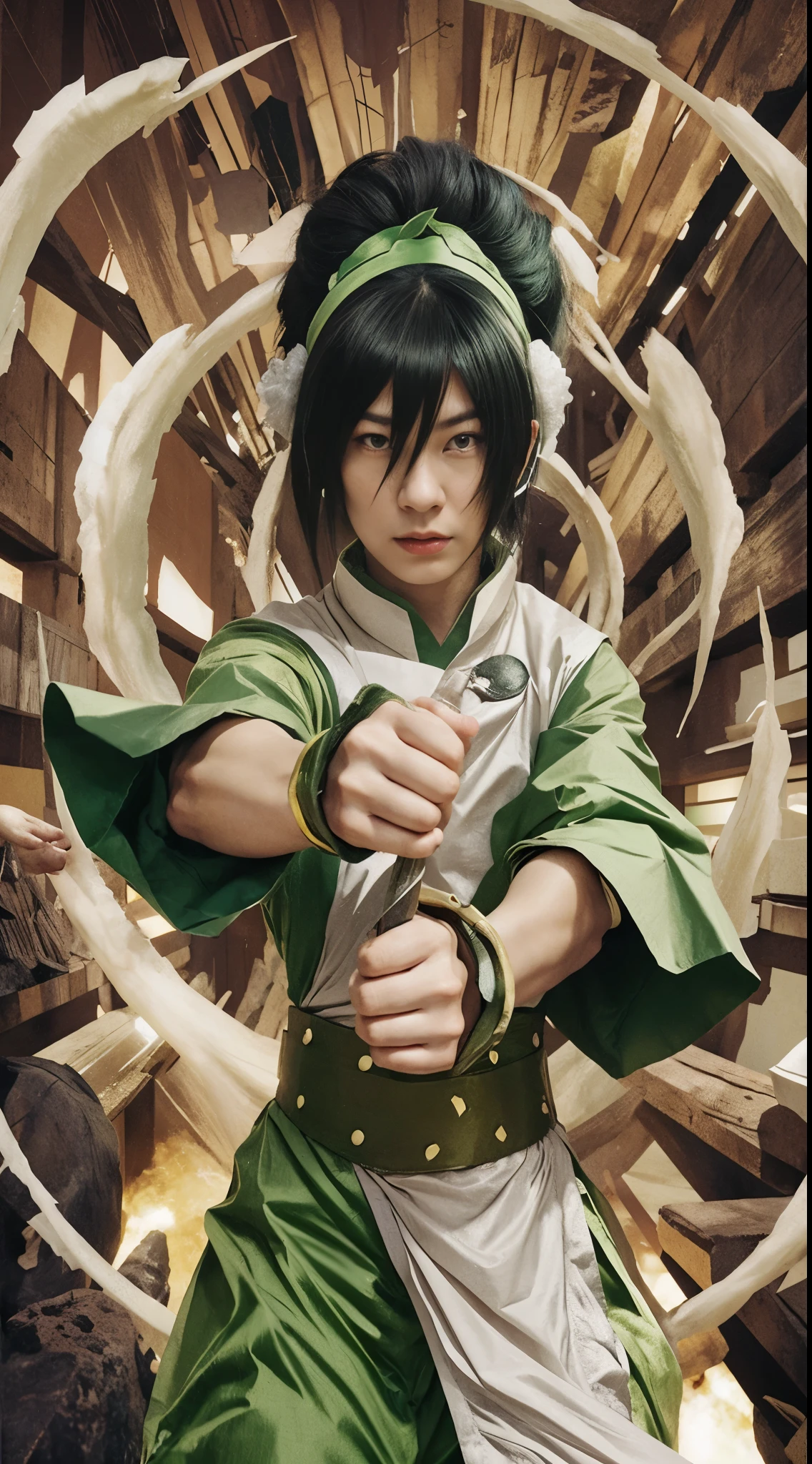 a man in a green and white outfit holding a knife, toph bei fong, atla, akira from chinese mythology, avatar image, portrait of avatar korra, inspired by Chen Jiru, jin kagetsu, avatar the last airbender, goku as an asian man, legend of korra, official art, hq artwork, anime cover, beautiful avatar pictures