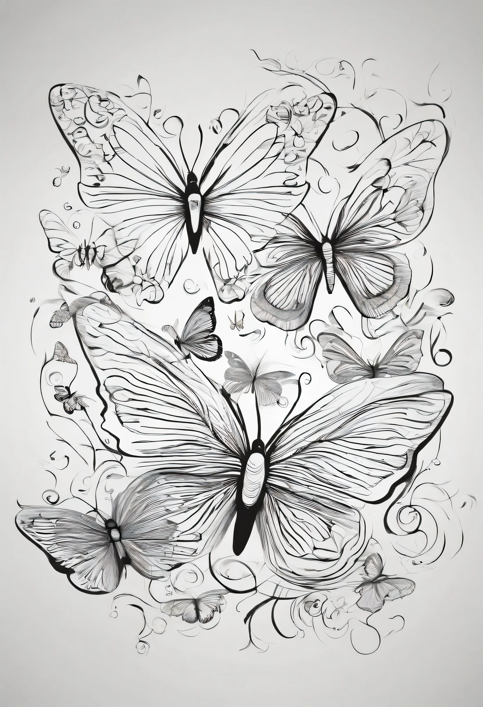 cloud of butterflies of different sizes without much detail, pas d'ombre couleur blanc et noir uniquement, avec un emplacement vide au milieu
