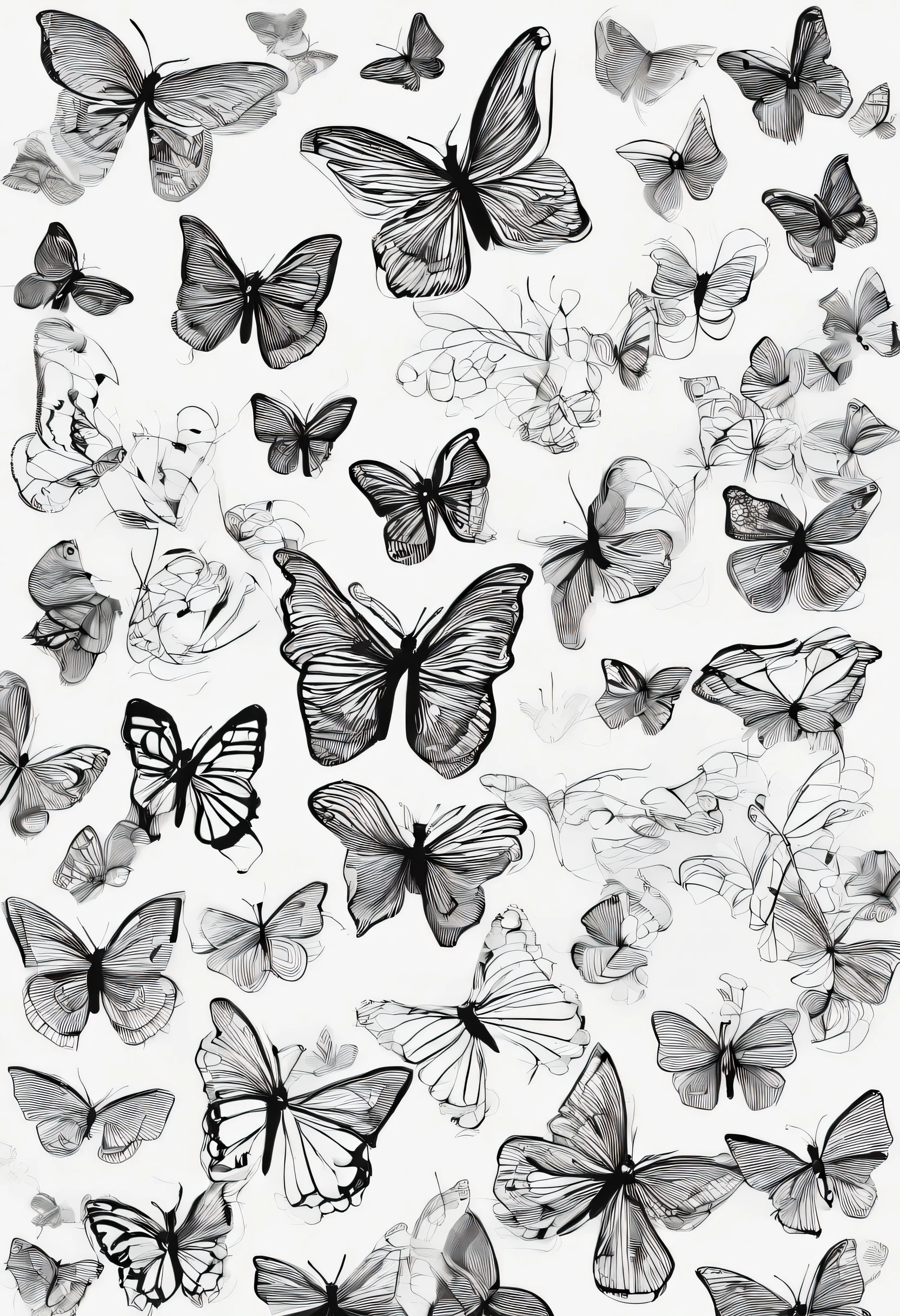 cloud of butterflies of different sizes without much detail, pas d'ombre couleur blanc et noir uniquement, avec un emplacement vide au milieu
