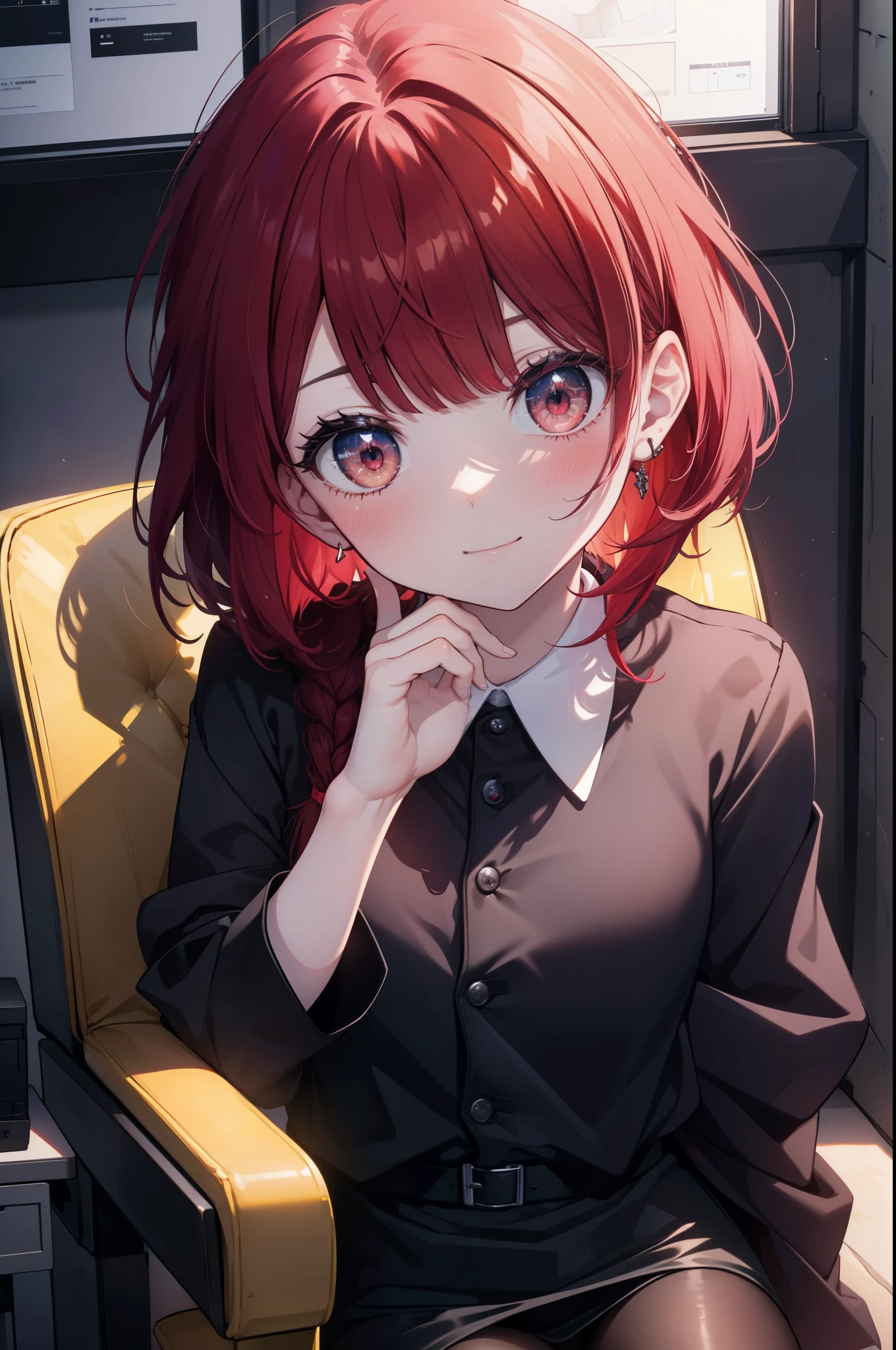canary, when he plows, bob cut, (red eyes:1.5), redhead, long hair,short braided hair,
black suit jacket, collared jacket, white dress shirt, collared shirt, neckline, button, strap, ID card on neck, black pencil skirt, black pantyhose, smile, blush, looking at the viewer, Charm, Mechanical,on your computer,sitting in a chair, interior,touch typing ,
break looking at viewer,
break indoors, office,
break (masterpiece:1.2), highest quality, High resolution, unity 8k wallpaper, (figure:0.8), (detailed and beautiful eyes:1.6), highly detailed face, perfect lighting, Very detailed CG, (perfect hands, perfect anatomy),