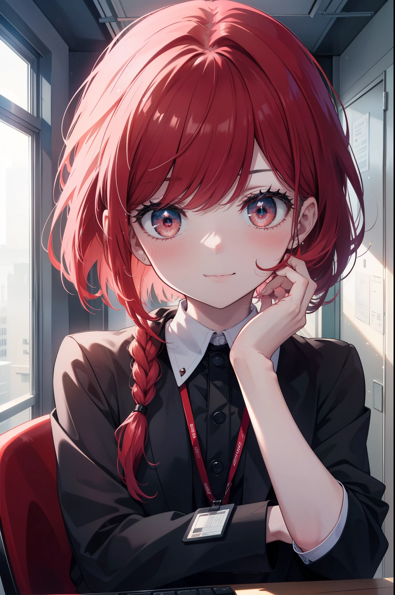 canary, when he plows, bob cut, (red eyes:1.5), redhead, long hair,short braided hair,
black suit jacket, collared jacket, white dress shirt, collared shirt, neckline, button, strap, ID card on neck, black pencil skirt, black pantyhose, smile, blush, looking at the viewer, Charm, Mechanical,on your computer,sitting in a chair, interior,touch typing ,
break looking at viewer,
break indoors, office,
break (masterpiece:1.2), highest quality, High resolution, unity 8k wallpaper, (figure:0.8), (detailed and beautiful eyes:1.6), highly detailed face, perfect lighting, Very detailed CG, (perfect hands, perfect anatomy),