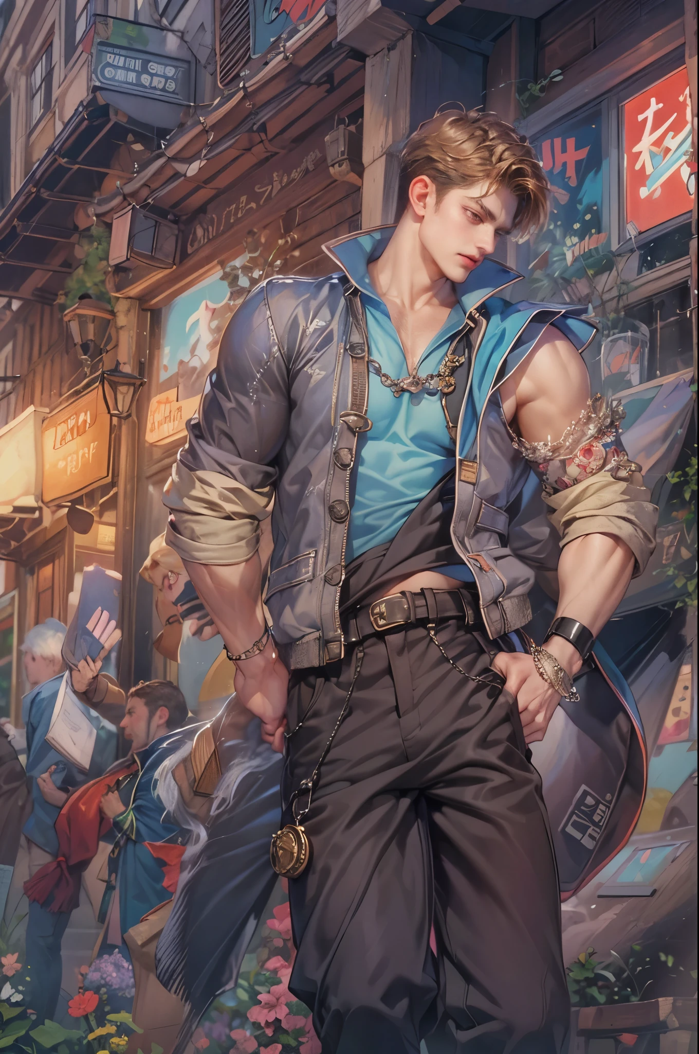 ((Best quality)), ((masterpiece)), (detailed), ((perfect face)), ((halfbody)) handsome face, male, teen boy,  perfect proportions , a male character hero from marvel vs capcom arcade game, detailed town background, detailed scenery background 