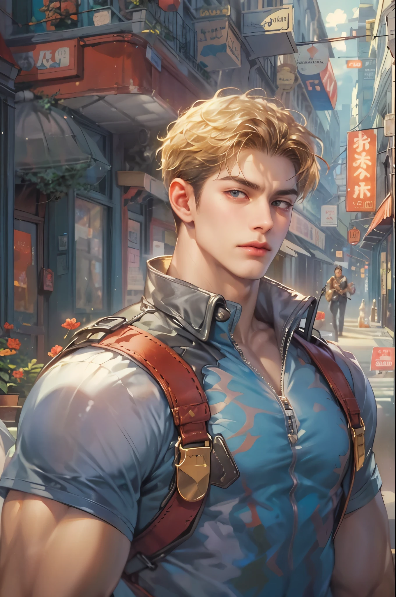 ((Best quality)), ((masterpiece)), (detailed), ((perfect face)), ((halfbody)) handsome face, male,  boy,  perfect proportions , a male character hero from marvel vs capcom arcade game, detailed town background, detailed scenery background 