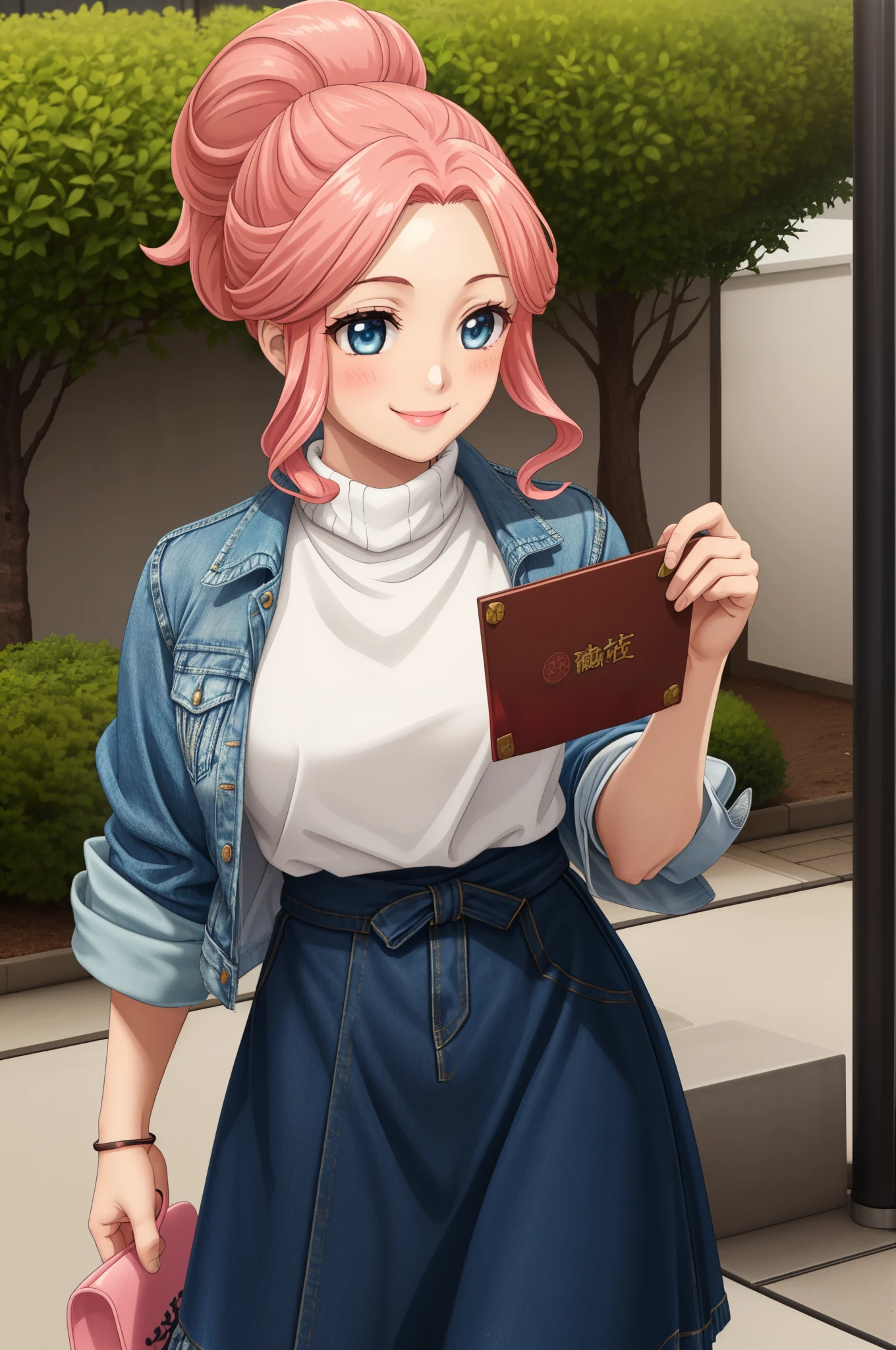 Gyokuha, Gyokuha, (1 girl:1.3), (alone:1.3), long hair, pink hair, ponytail, (turtleneck sweater:1.3), (bring out the hem:1.3), (Denim Jacket:1.3), (denim long skirt:1.3), (long hem skirt:1.3), (Soft cream:1.3), highest quality, High resolution, unity 8k wallpaper, (fine and beautiful eyes:1.3), highly detailed face, perfect lighting, Detailed CG, (perfect hands, perfect anatomy), (smile:1.3), blush, (Harajuku:1.3), cowboy shot, free pose