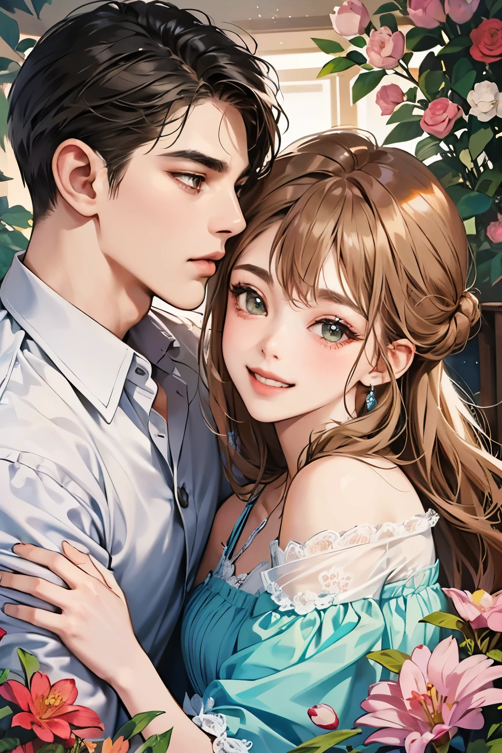 (table top, digital illustration, 4k, 8k, Super detailed, beautiful images, clear image, perfect face, perfect lines, perfect eyes, soft lighting) 1 female, (light brown hair,chignon hair,innocent look,droopy eyebrows,droopy eyes、With a round face,round chin、innocence,cute,Big eyes,natural makeup,smile gently,E cup,23 years old:1.3),Two handsome men in suits, (human,man in suit,muscular,solid shoulder width, boyish hairstyle,A man in his 30s with a cool expression,28 year old man with a bright smile:1.2),garden full of light、lots of flowers、Squirting、colorful flower light,(embarrassing,shy smile:1.2),resort sofa,kiss、カップルkiss、romance porn、couple of man and woman hugging each other、
